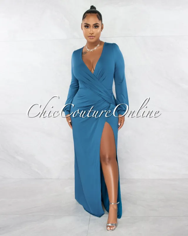*Camelia Dark Teal Drape Side Slit Maxi Dress sold by Chic Couture