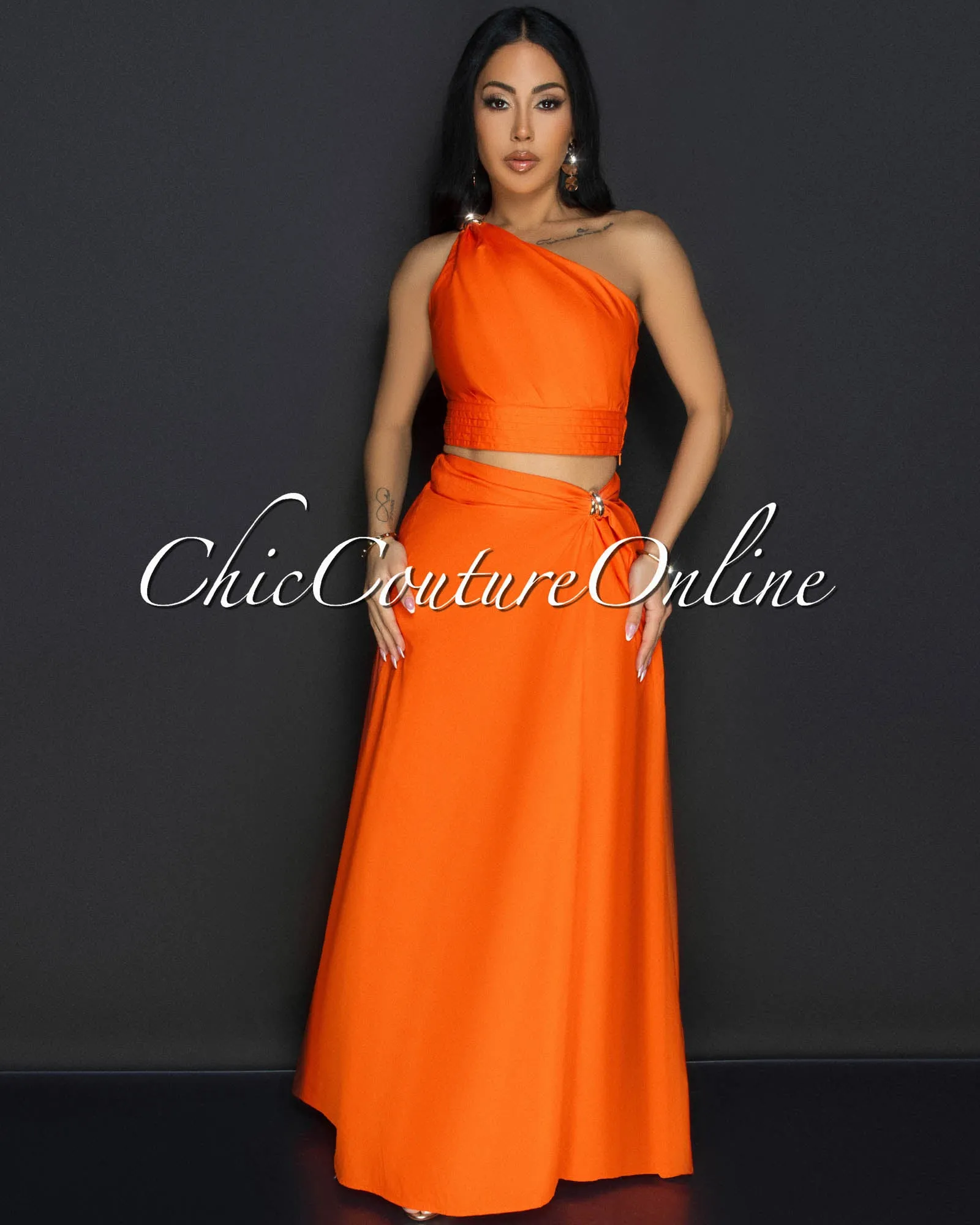 Ceci Orange Gold Accent Top & Skirt Two Piece Set sold by Chic Couture product image thumbnail 3