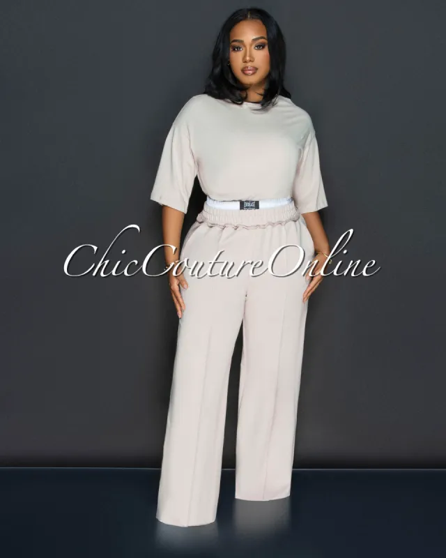 Clarkie Beige White Crop Top & Pants Set sold by Chic Couture