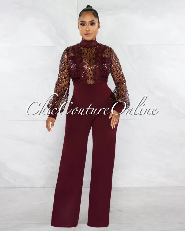 *Nigelia Wine Red Net Sequins Crochet Top Jumpsuit sold by Chic Couture