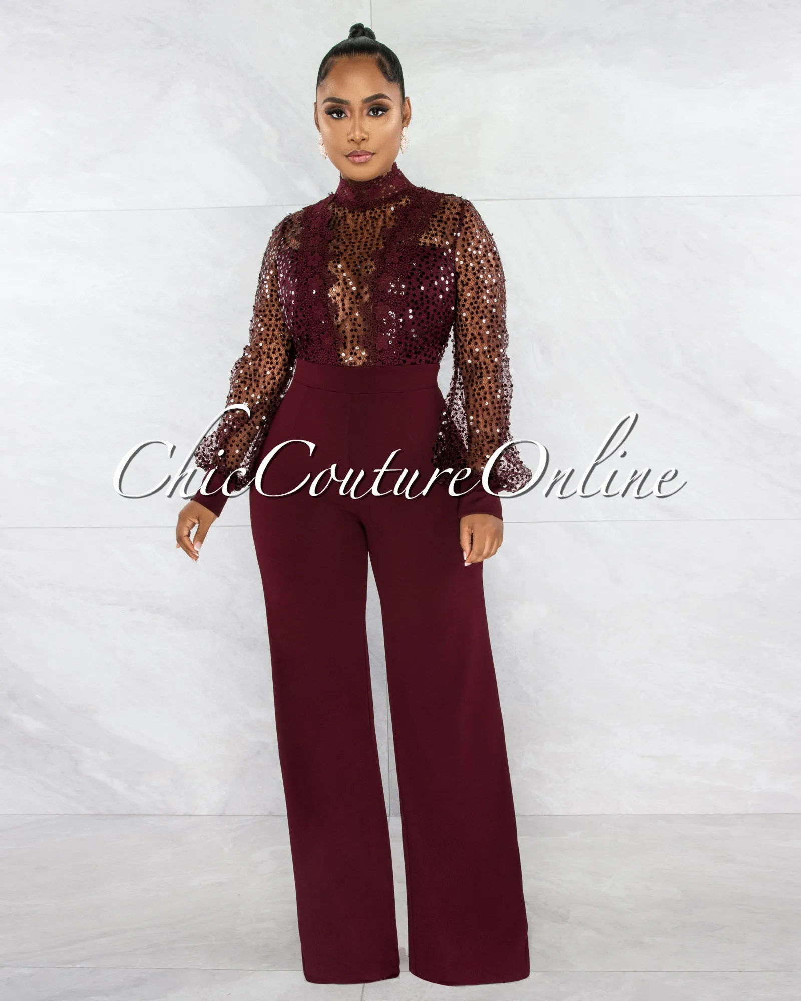 *Nigelia Wine Red Net Sequins Crochet Top Jumpsuit sold by Chic Couture product image thumbnail 2