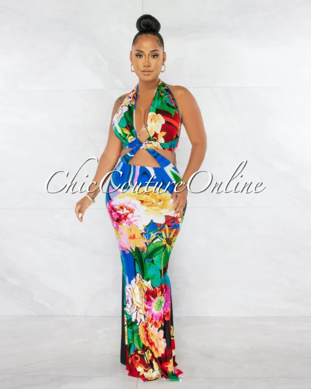 Lunar Multi-Color Floral Print Cut-Out Maxi Dress sold by Chic Couture