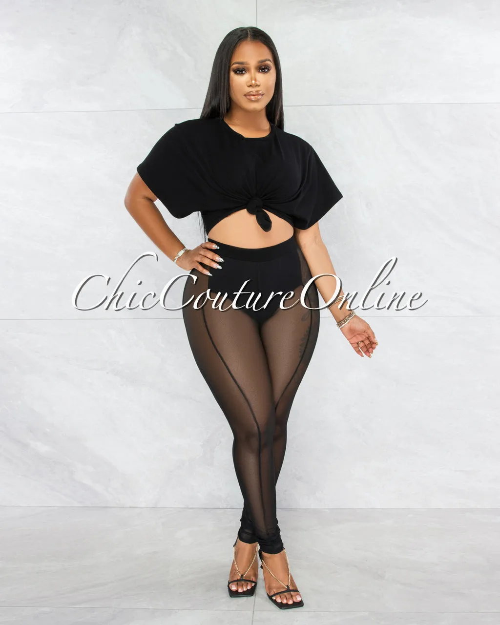 *Cherie Black Tie Crop Top & Mesh Leggings Set sold by Chic Couture product image thumbnail 4