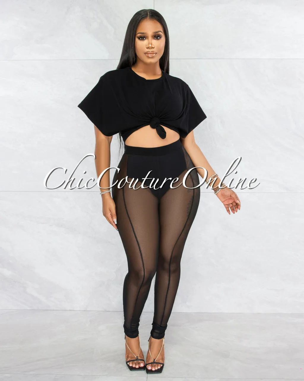 *Cherie Black Tie Crop Top & Mesh Leggings Set sold by Chic Couture