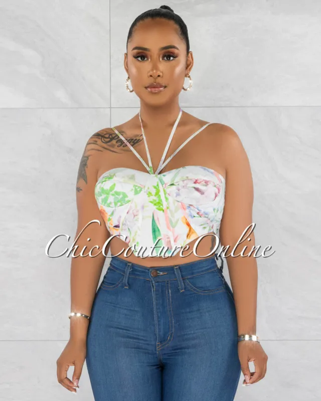 *Sarra Off-White Floral Print Strappy Crop Top sold by Chic Couture
