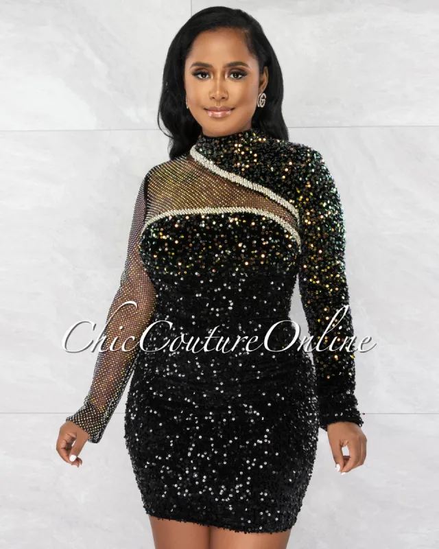 *Everleigh Black Net Rhinestones Iridescent Sequins Mini Dress sold by Chic Couture