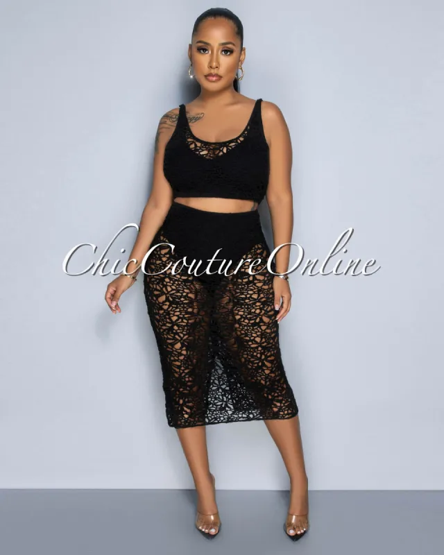 *Josue Black Crochet Crop Top & Midi Skirt See-Through Set sold by Chic Couture