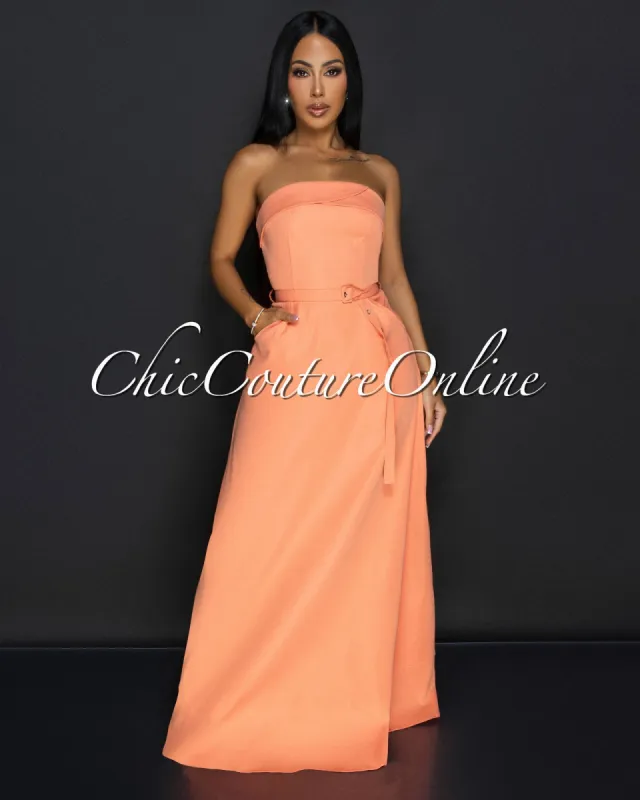 *Klana Orange Strapless Belted Cargo Maxi Dress sold by Chic Couture