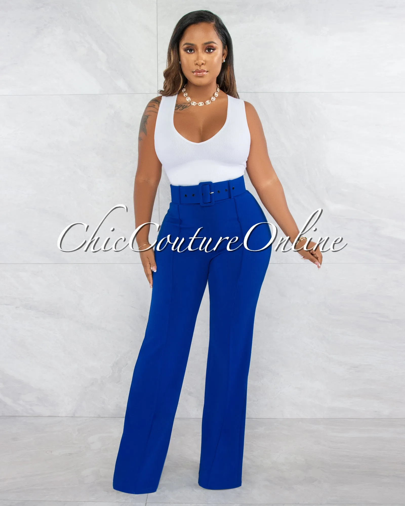 Faina Royal Blue Belt High Waist Palazzo Pants sold by Chic Couture