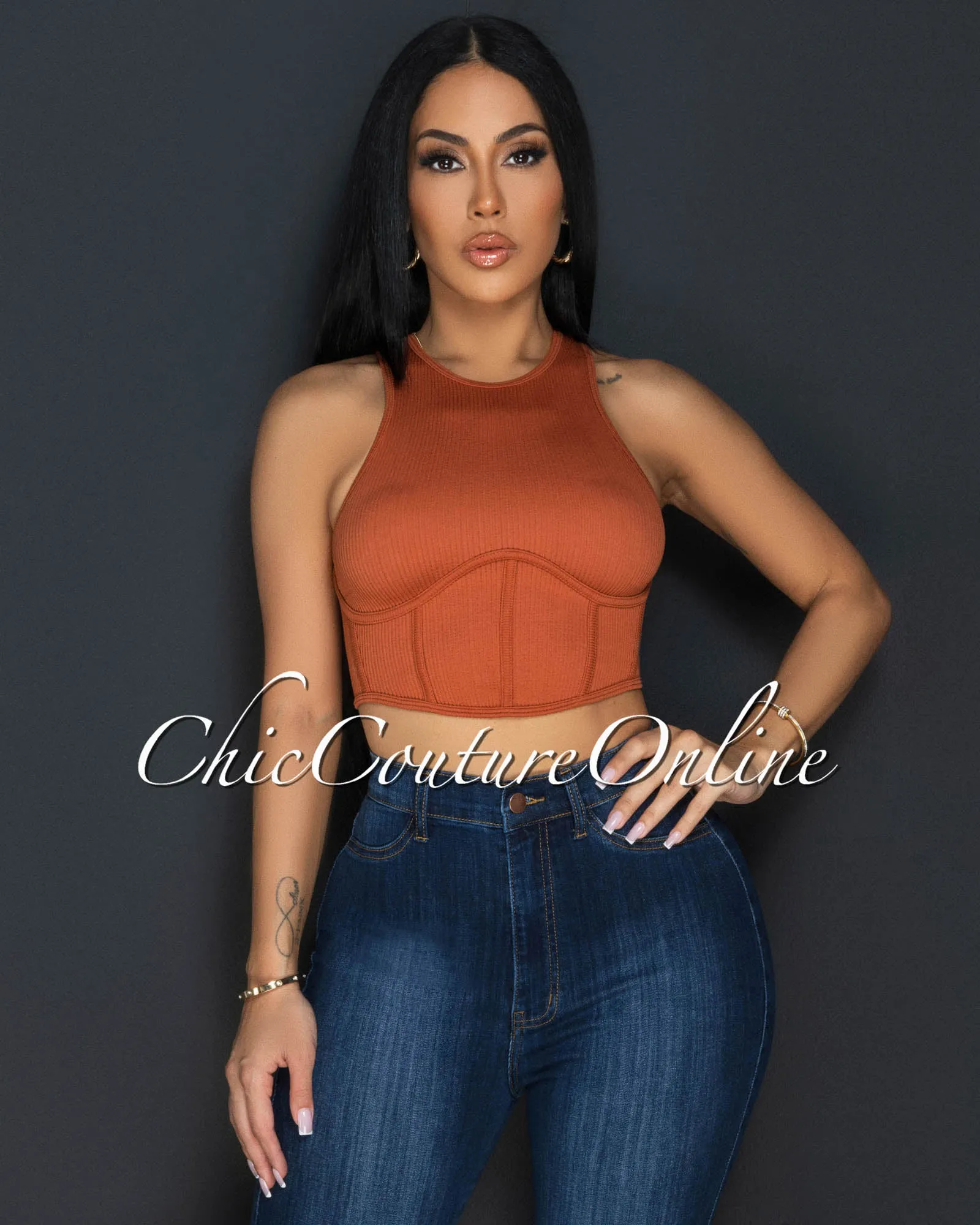 Vinia Rust Corset Style Ribbed Crop Top sold by Chic Couture