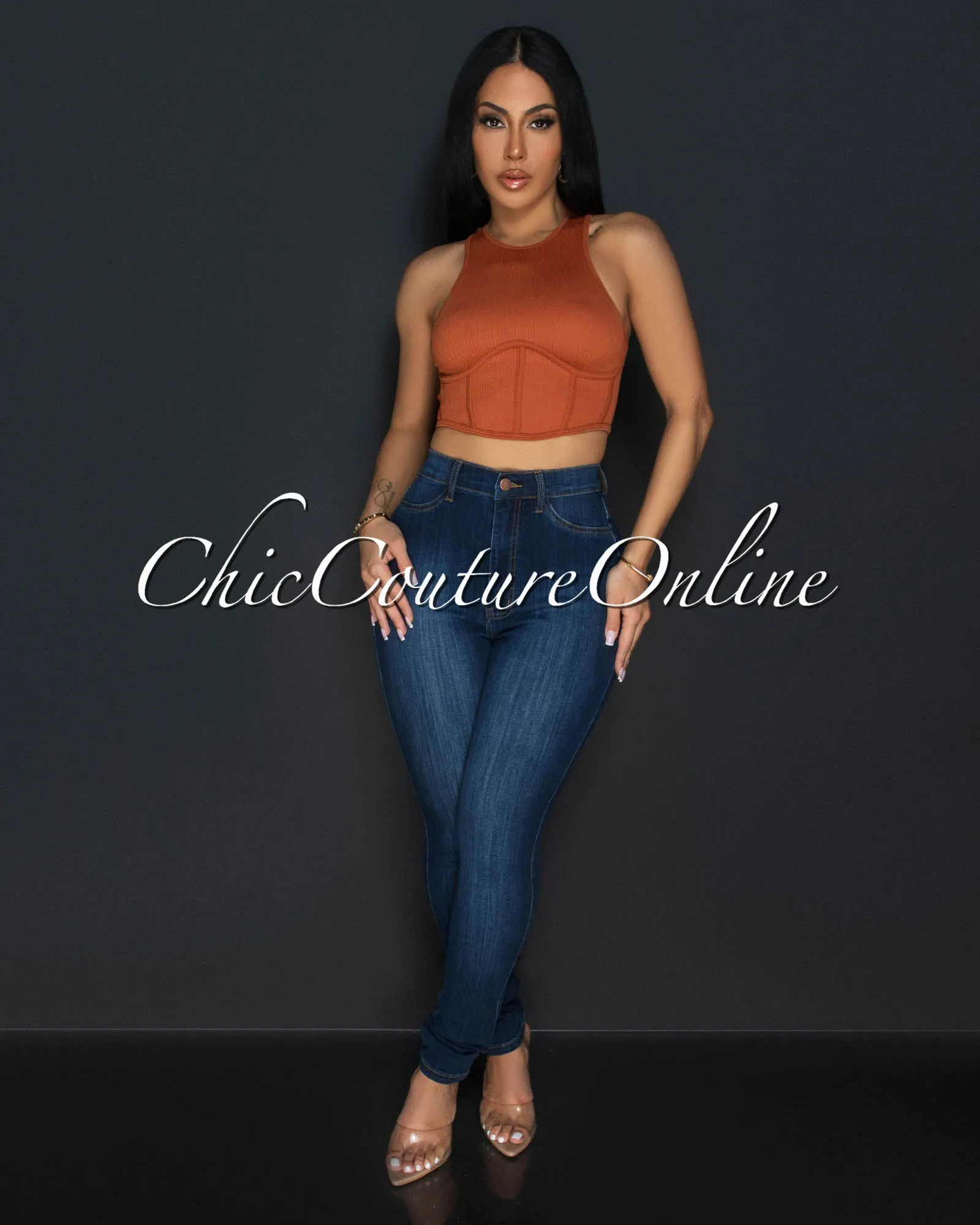 Vinia Rust Corset Style Ribbed Crop Top sold by Chic Couture product image thumbnail 4