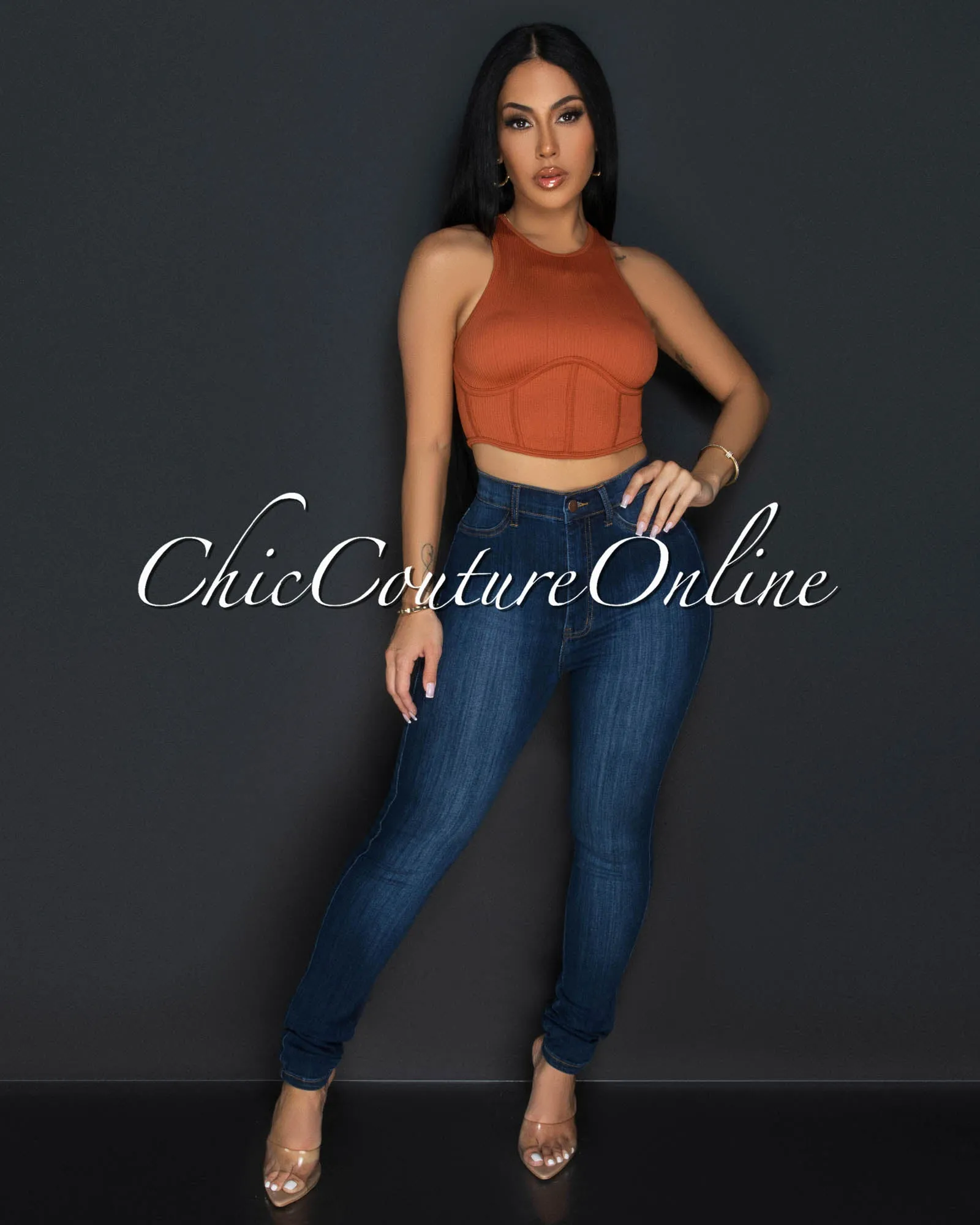 Vinia Rust Corset Style Ribbed Crop Top sold by Chic Couture product image thumbnail 2