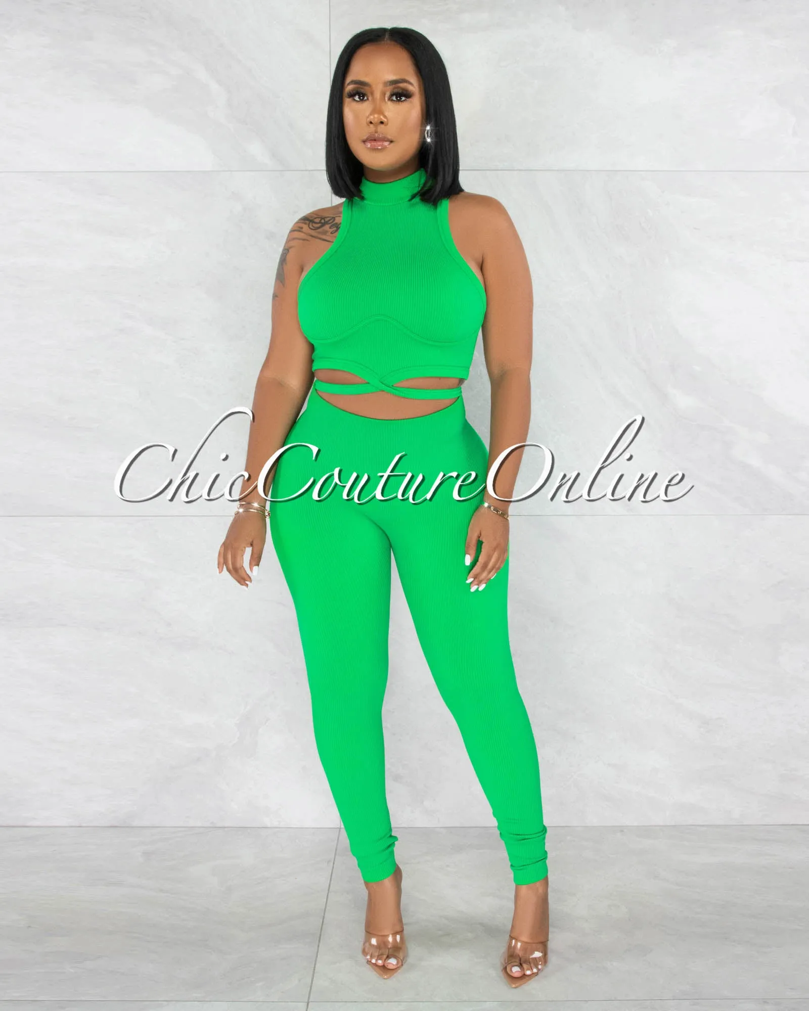 Gania Green Ribbed Tie Top & Leggings Sculpting Set sold by Chic Couture