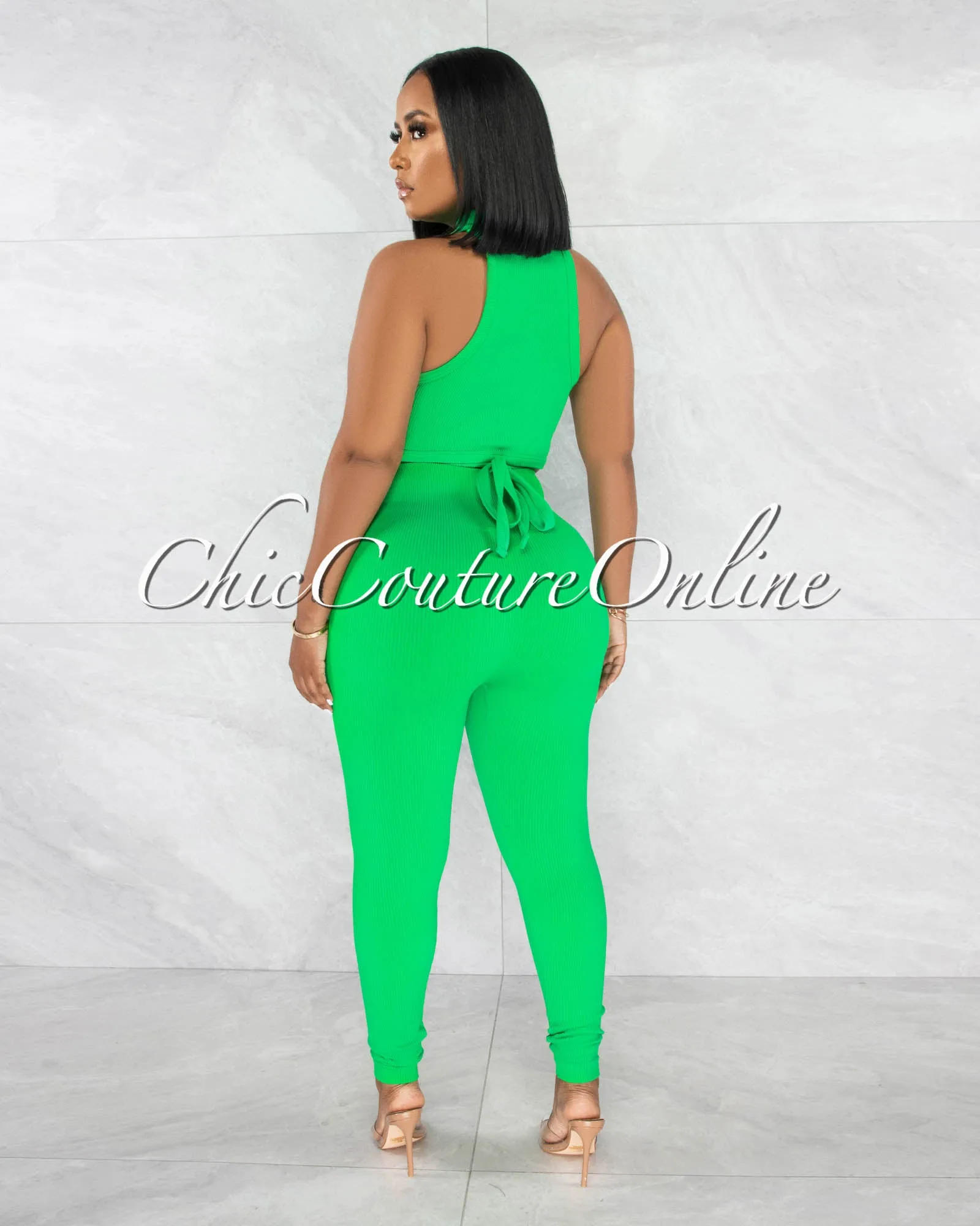 Gania Green Ribbed Tie Top & Leggings Sculpting Set sold by Chic Couture product image thumbnail 3
