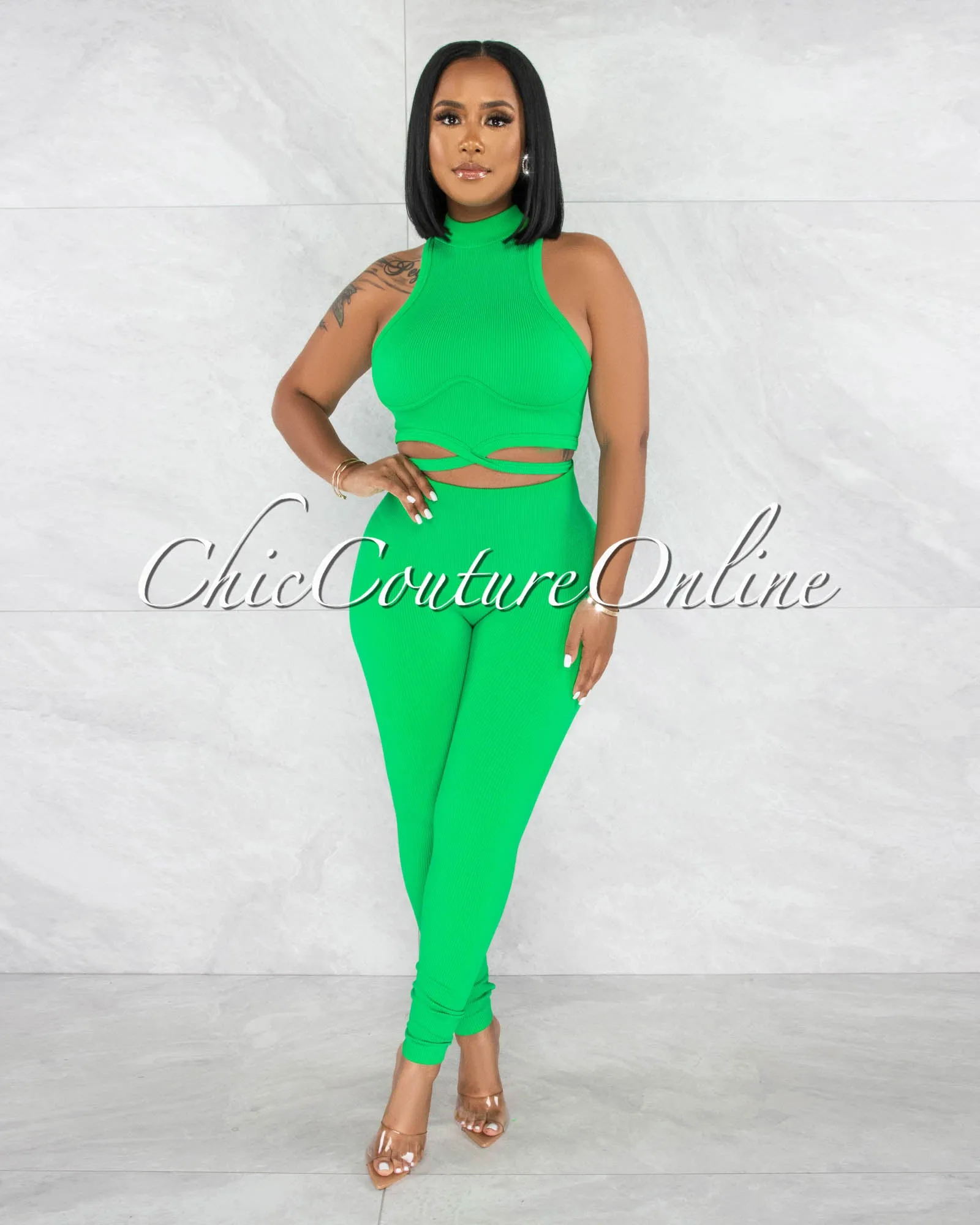 Gania Green Ribbed Tie Top & Leggings Sculpting Set sold by Chic Couture product image thumbnail 2