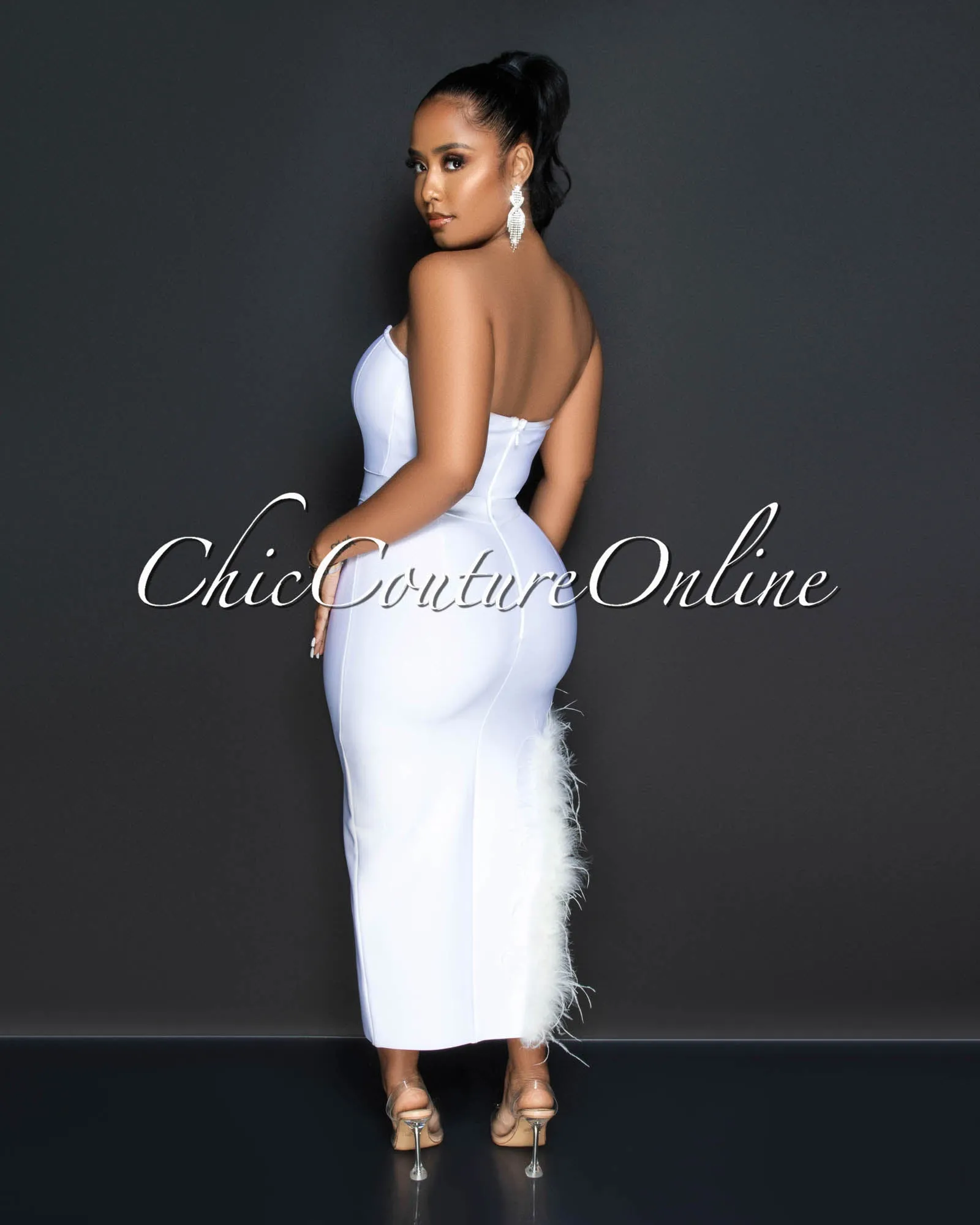 Elisha Off-White Feather Leg Slit Accent Bandage Midi Dress sold by Chic Couture product image thumbnail 4