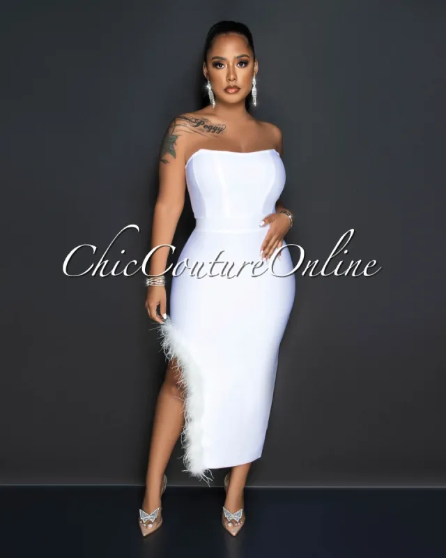 Elisha Off-White Feather Leg Slit Accent Bandage Midi Dress sold by Chic Couture
