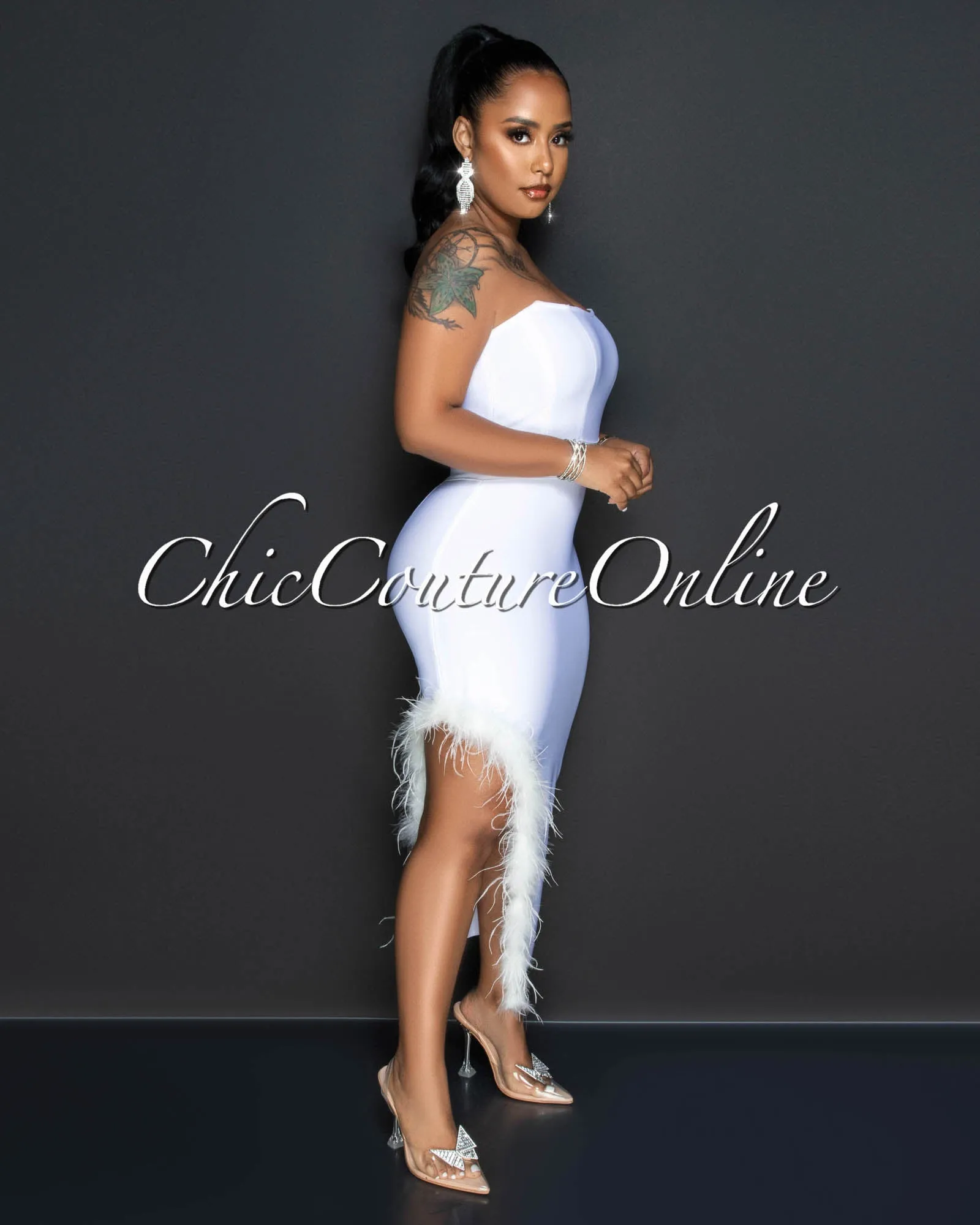 Elisha Off-White Feather Leg Slit Accent Bandage Midi Dress sold by Chic Couture product image thumbnail 2