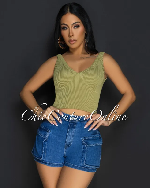 Lora Olive V Neck Ribbed Crop Top sold by Chic Couture