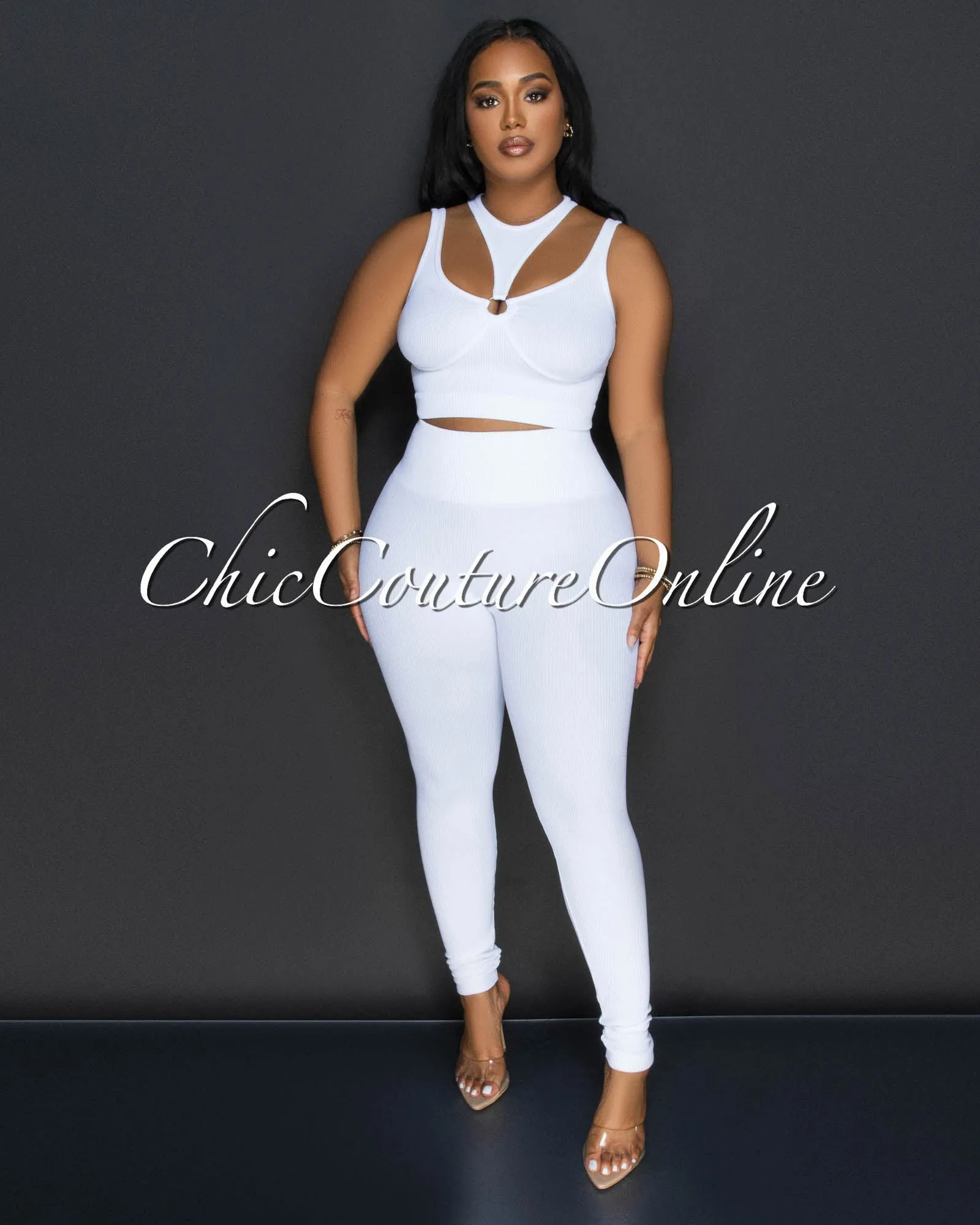 Alera White Cut Out Crop Top & Leggings Ribbed Sculpting Set sold by Chic Couture product image thumbnail 2