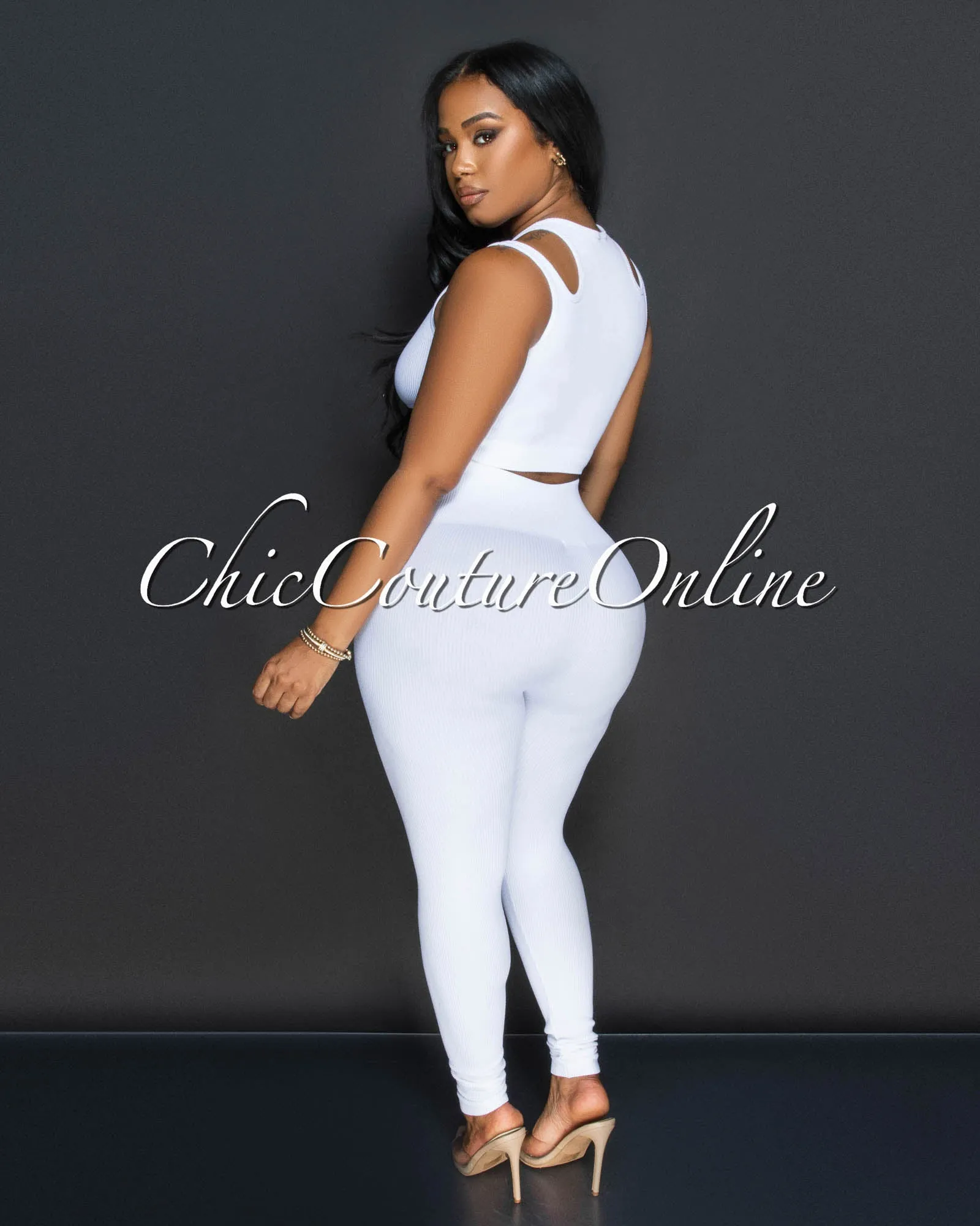 Alera White Cut Out Crop Top & Leggings Ribbed Sculpting Set sold by Chic Couture product image thumbnail 3