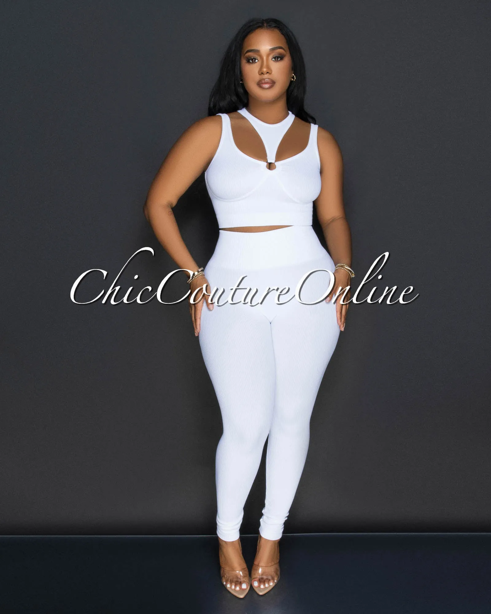 Alera White Cut Out Crop Top & Leggings Ribbed Sculpting Set sold by Chic Couture