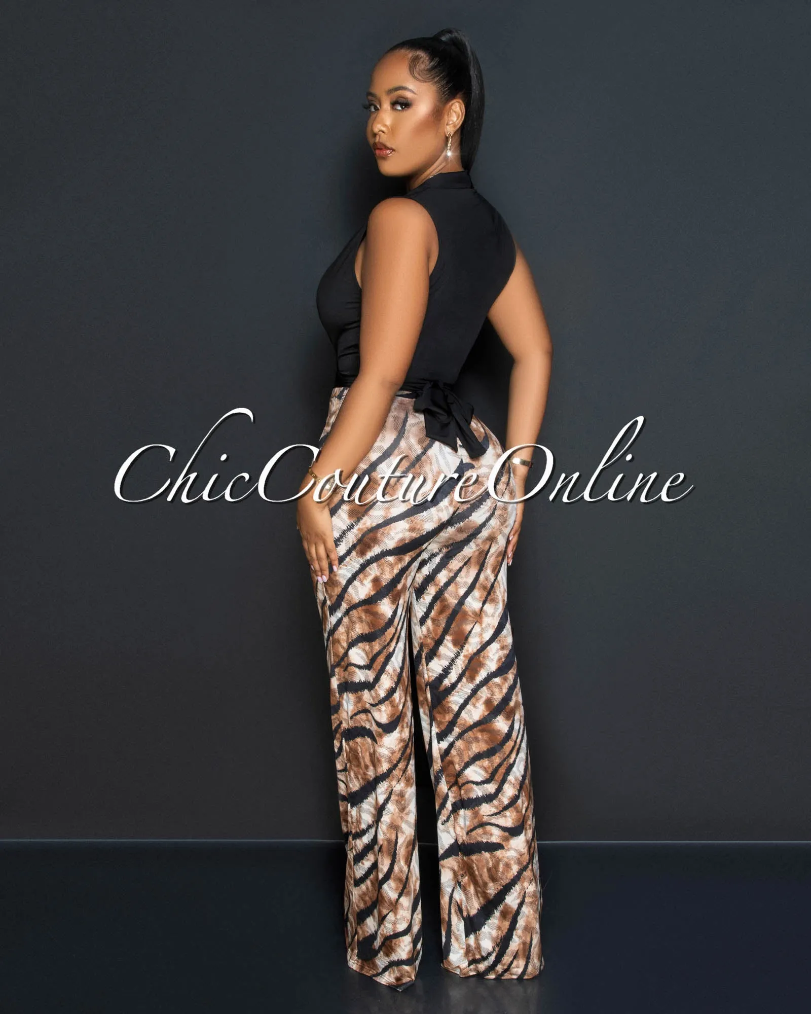 *Mabyn Black Front Tie Crop Top & Brown Print Wide Pants Set sold by Chic Couture product image thumbnail 3
