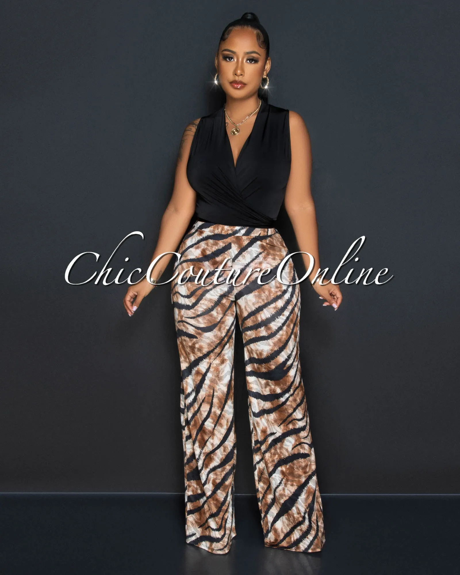 *Mabyn Black Front Tie Crop Top & Brown Print Wide Pants Set sold by Chic Couture product image thumbnail 2