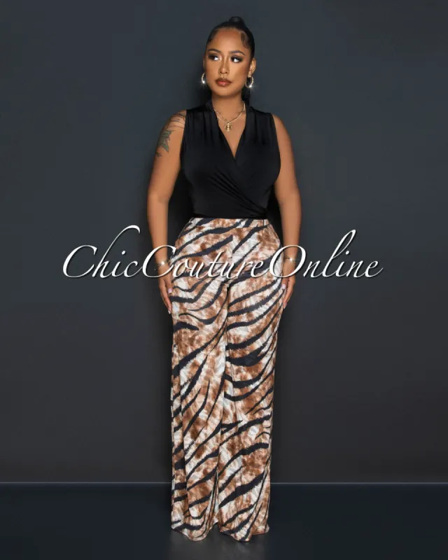 *Mabyn Black Front Tie Crop Top & Brown Print Wide Pants Set sold by Chic Couture