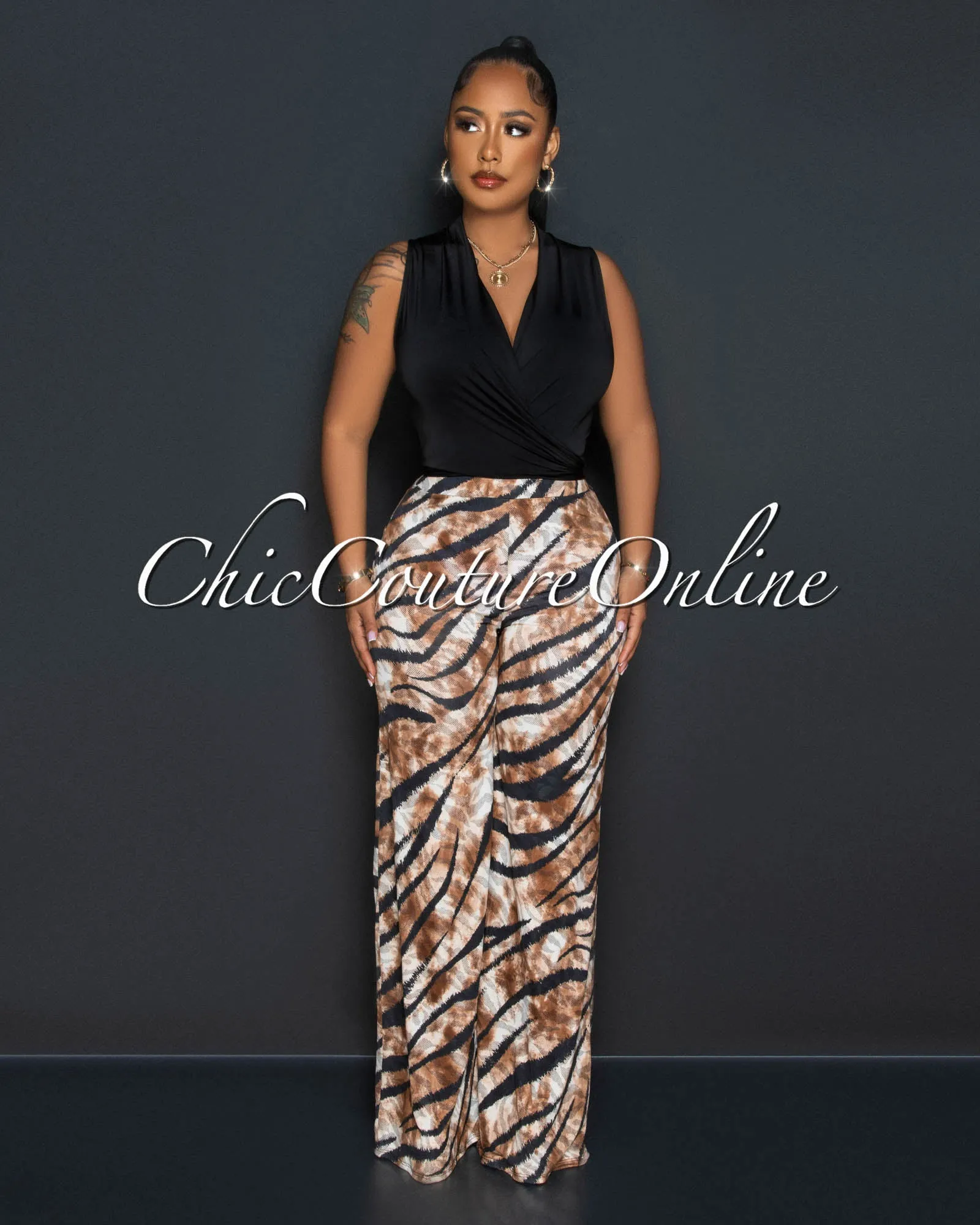 *Mabyn Black Front Tie Crop Top & Brown Print Wide Pants Set sold by Chic Couture