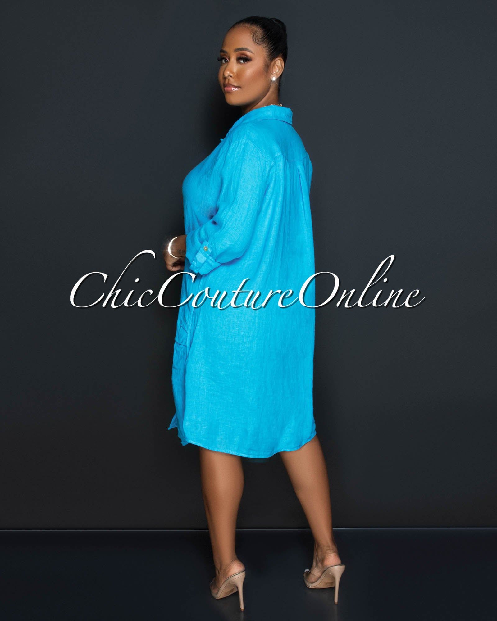 Cheyenne Turquoise Front Buttons Shirt LINEN Midi Dress sold by Chic Couture product image thumbnail 3