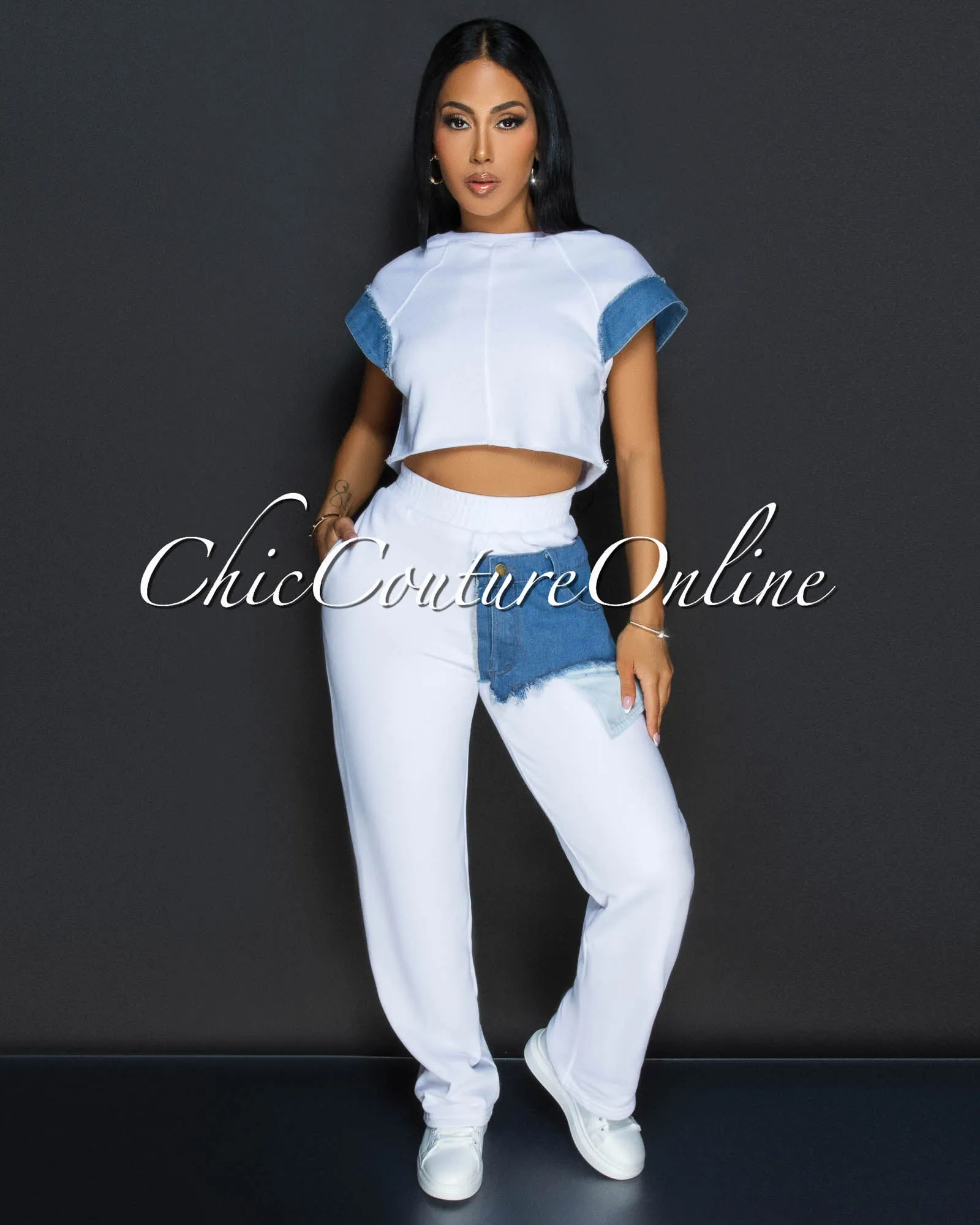 Adyson White Denim Crop Top & Wide Legs Pants Set sold by Chic Couture