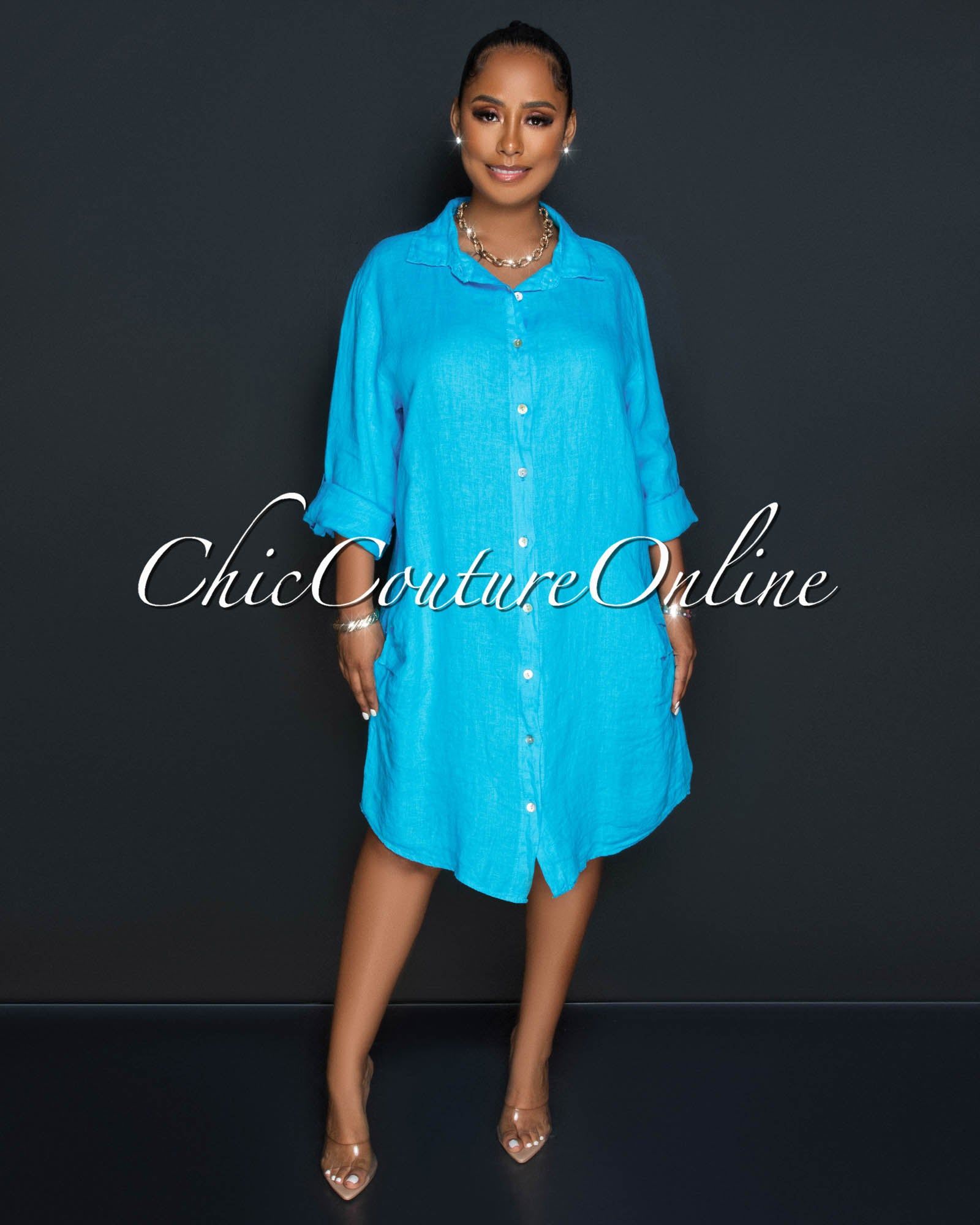 Cheyenne Turquoise Front Buttons Shirt LINEN Midi Dress sold by Chic Couture