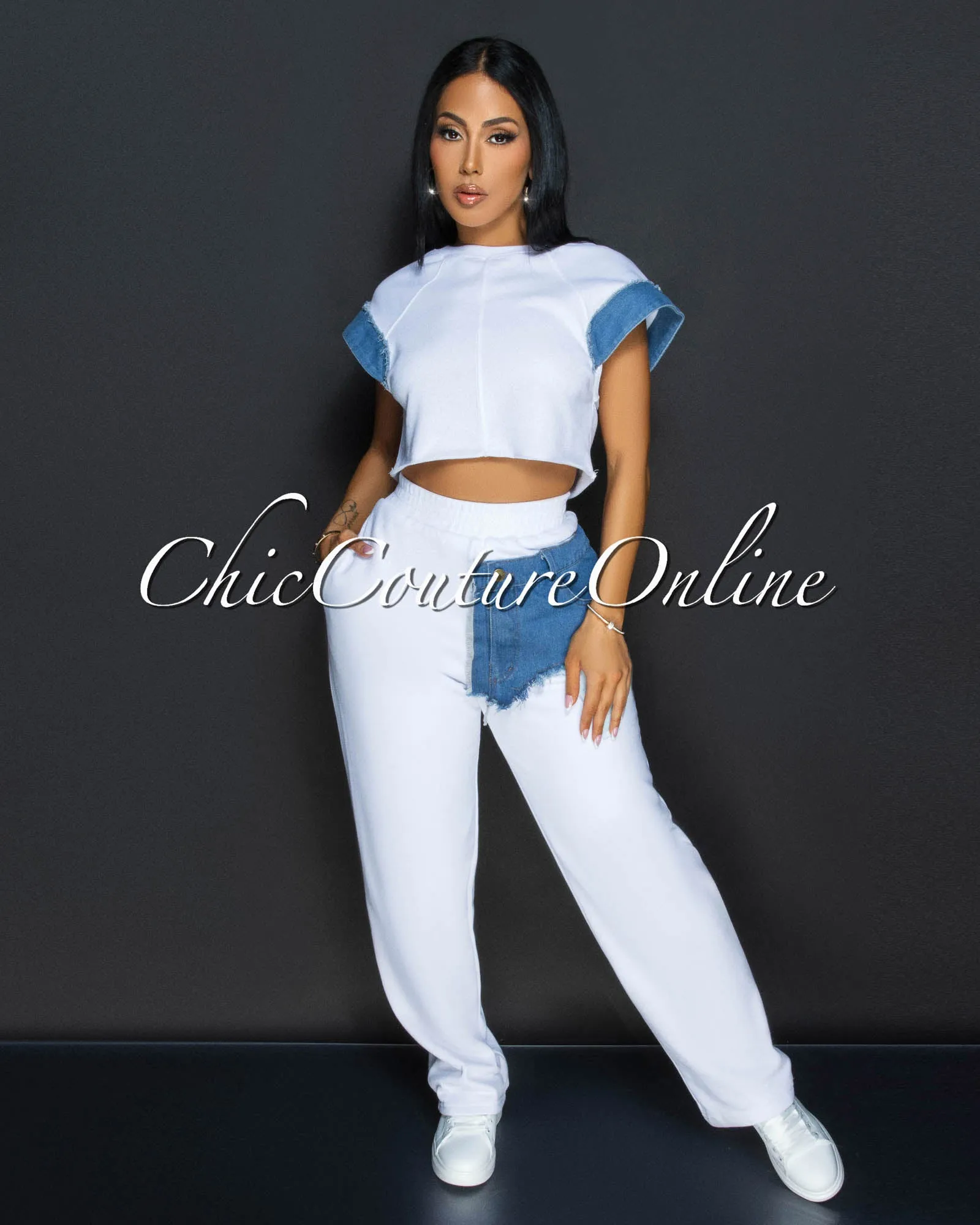 Adyson White Denim Crop Top & Wide Legs Pants Set sold by Chic Couture product image thumbnail 3