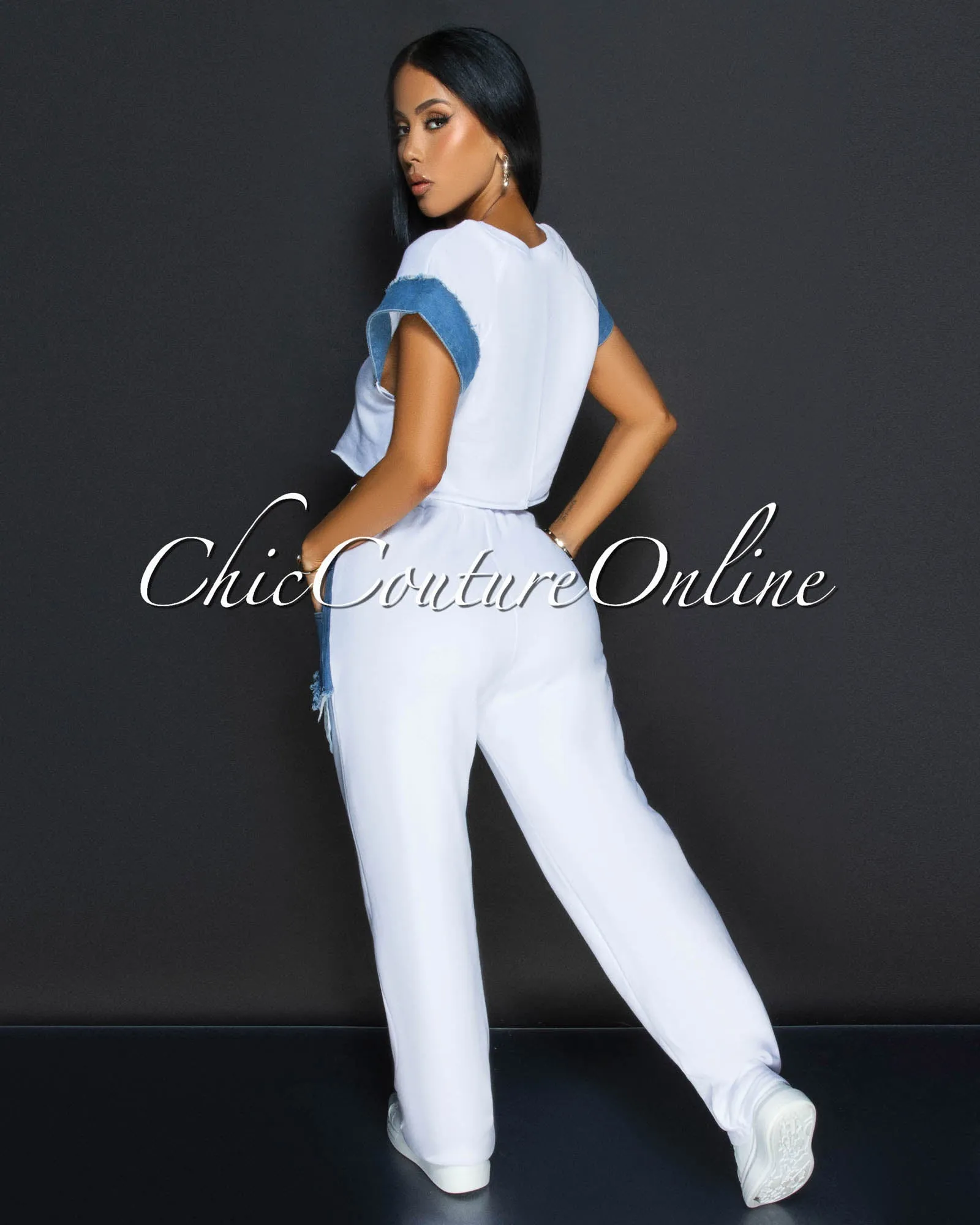 Adyson White Denim Crop Top & Wide Legs Pants Set sold by Chic Couture product image thumbnail 4