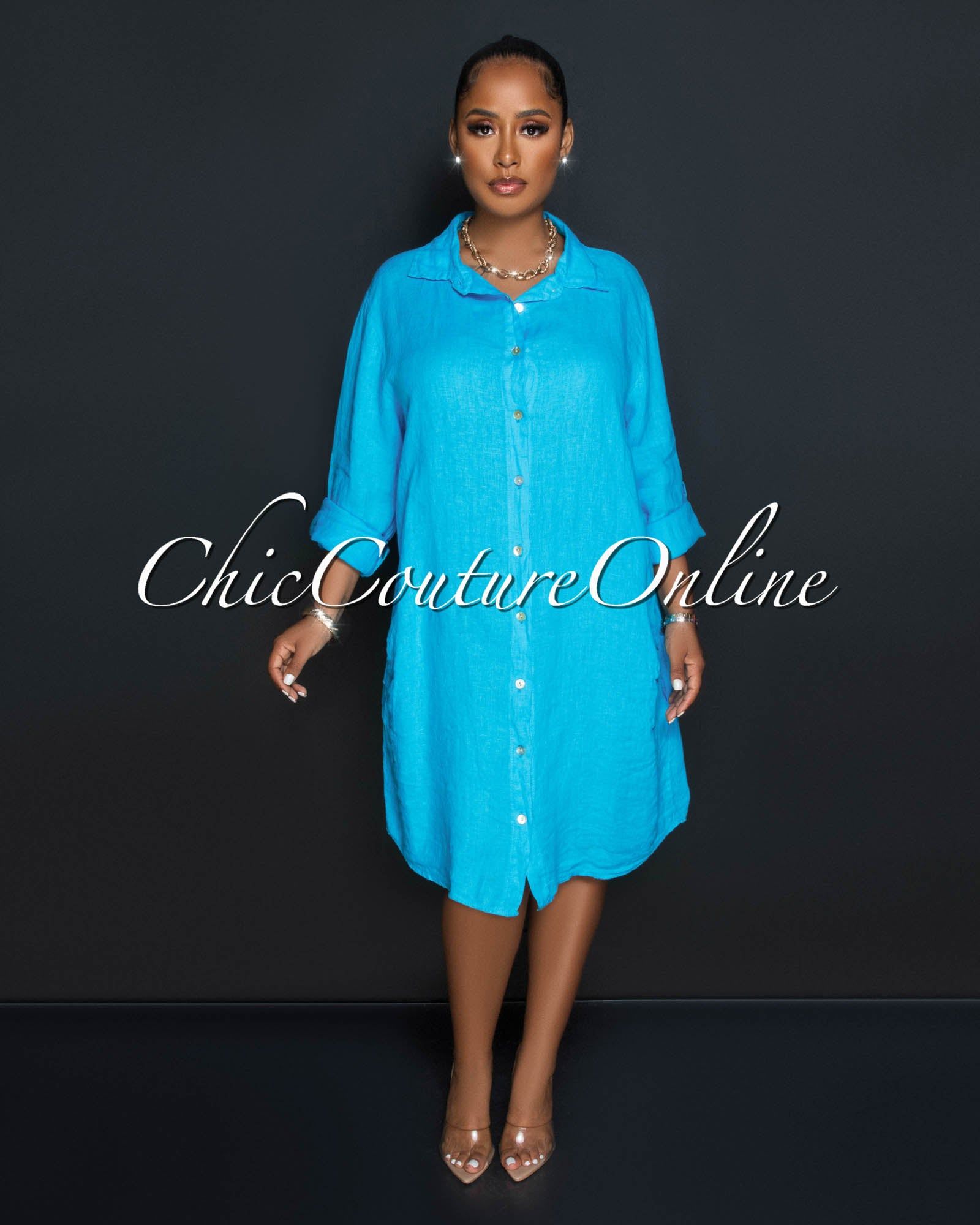 Cheyenne Turquoise Front Buttons Shirt LINEN Midi Dress sold by Chic Couture product image thumbnail 2
