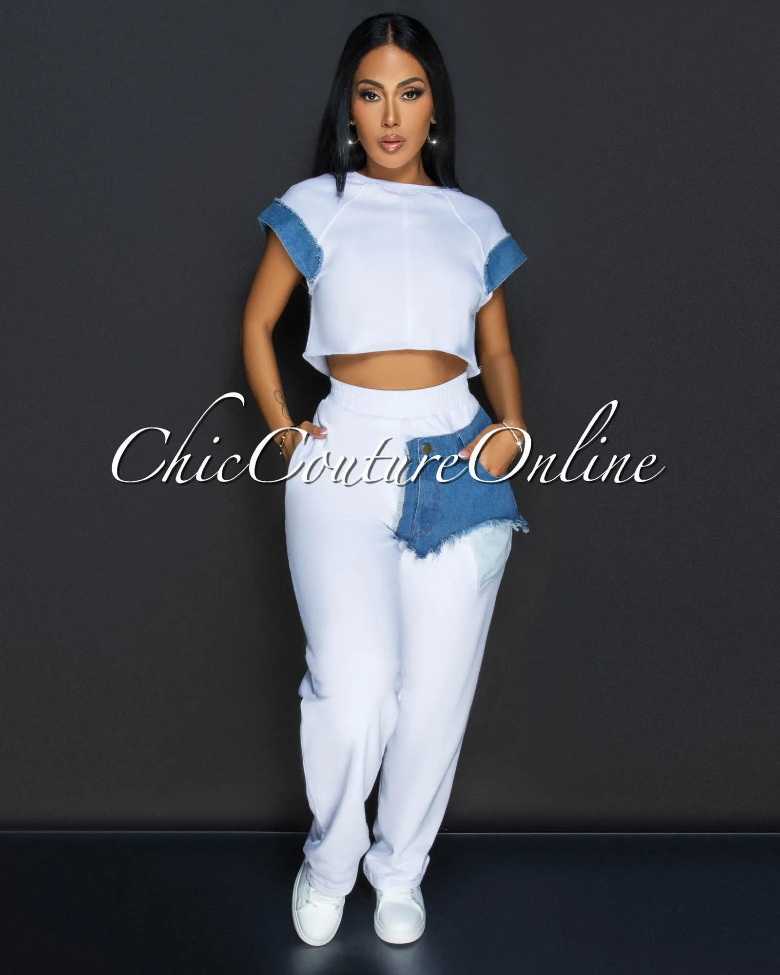 Adyson White Denim Crop Top & Wide Legs Pants Set sold by Chic Couture product image thumbnail 2