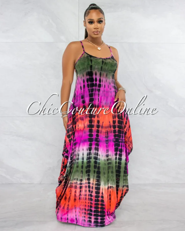 Karella Purple Olive Tie-Dye Print Maxi Dress sold by Chic Couture