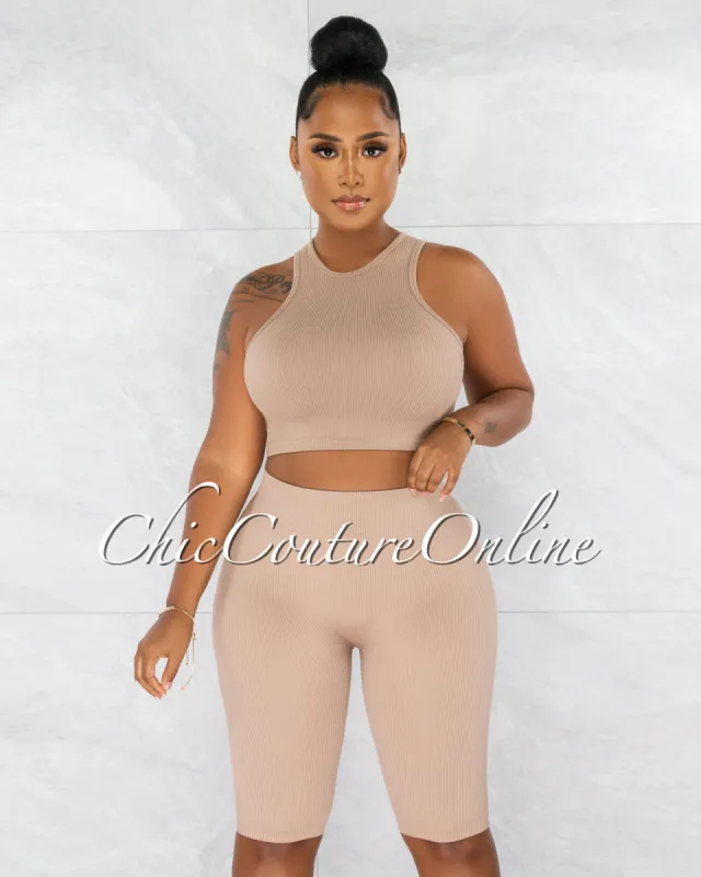 *Mandisa Nude Ribbed Crop Top & Bike Shorts Set sold by Chic Couture