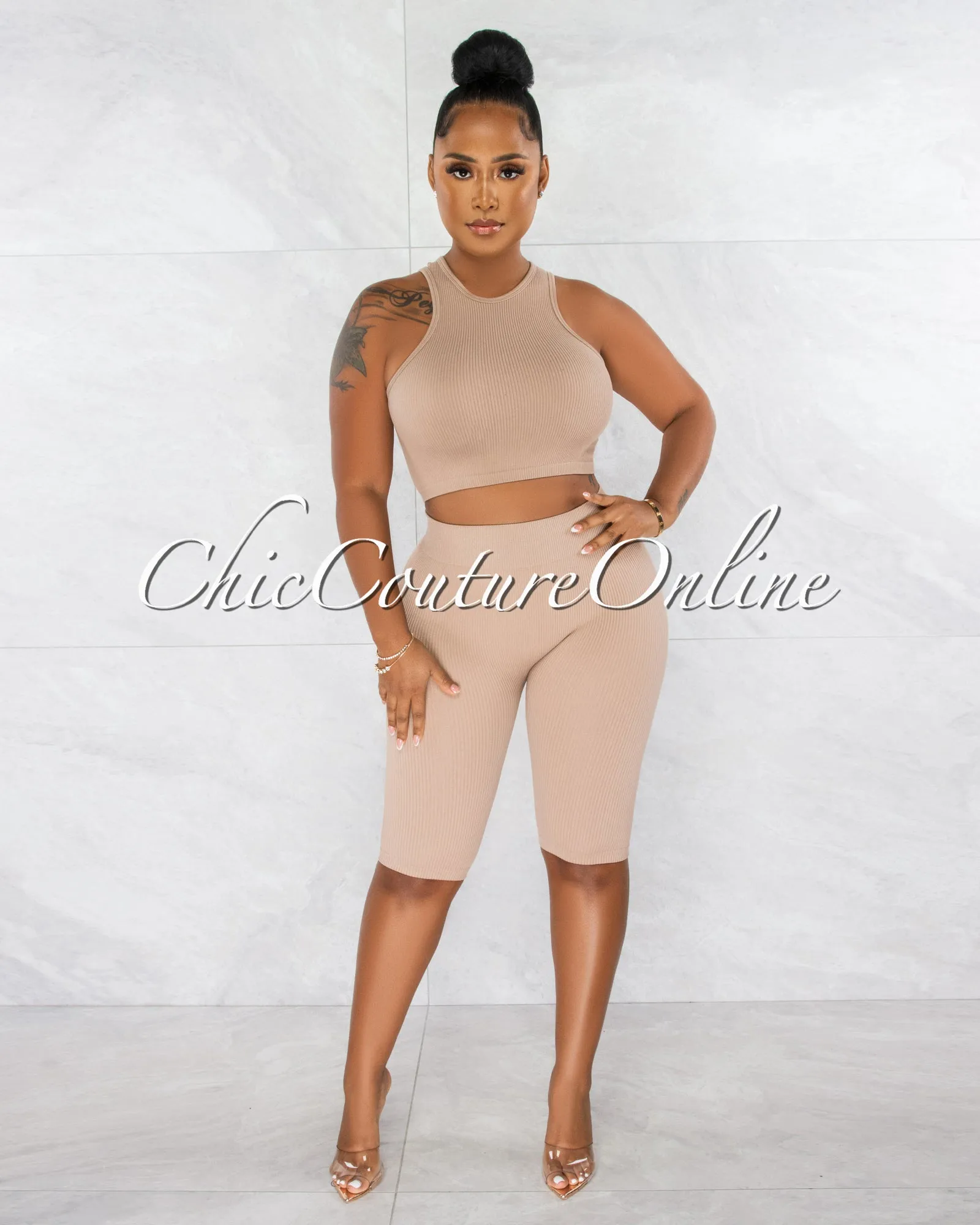 *Mandisa Nude Ribbed Crop Top & Bike Shorts Set sold by Chic Couture product image thumbnail 2