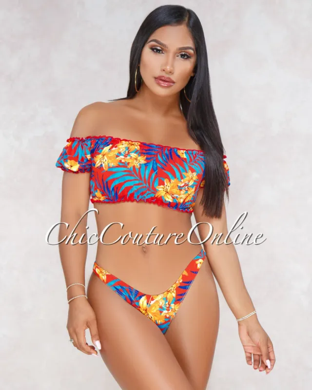 *Zane Red Multi Color Floral Print Two Piece Swimsuit sold by chic