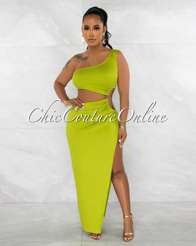 *Greicy Olive Green Cut-Out Side Slit Gold Accent Maxi Dress sold by Chic Couture