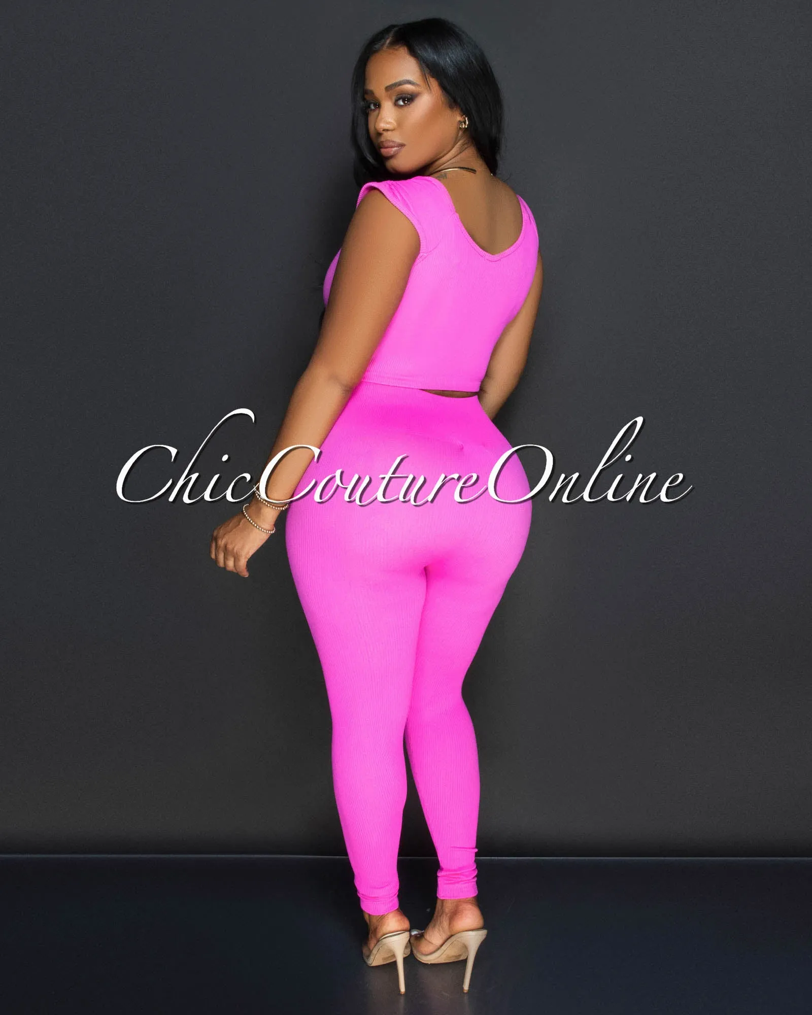 Benice Fuchsia Crop Top & Leggings Ribbed Sculpting Set sold by Chic Couture product image thumbnail 3