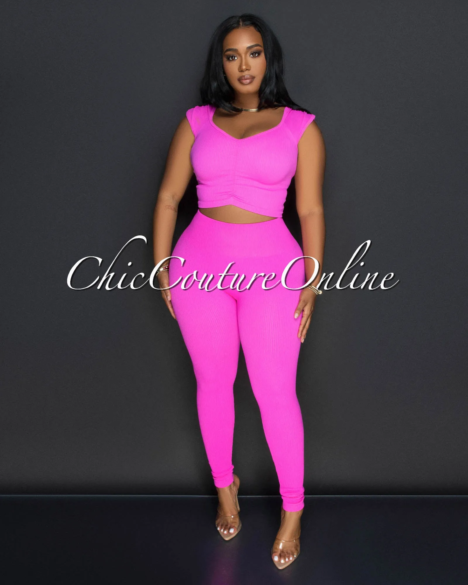 Benice Fuchsia Crop Top & Leggings Ribbed Sculpting Set sold by Chic Couture product image thumbnail 2
