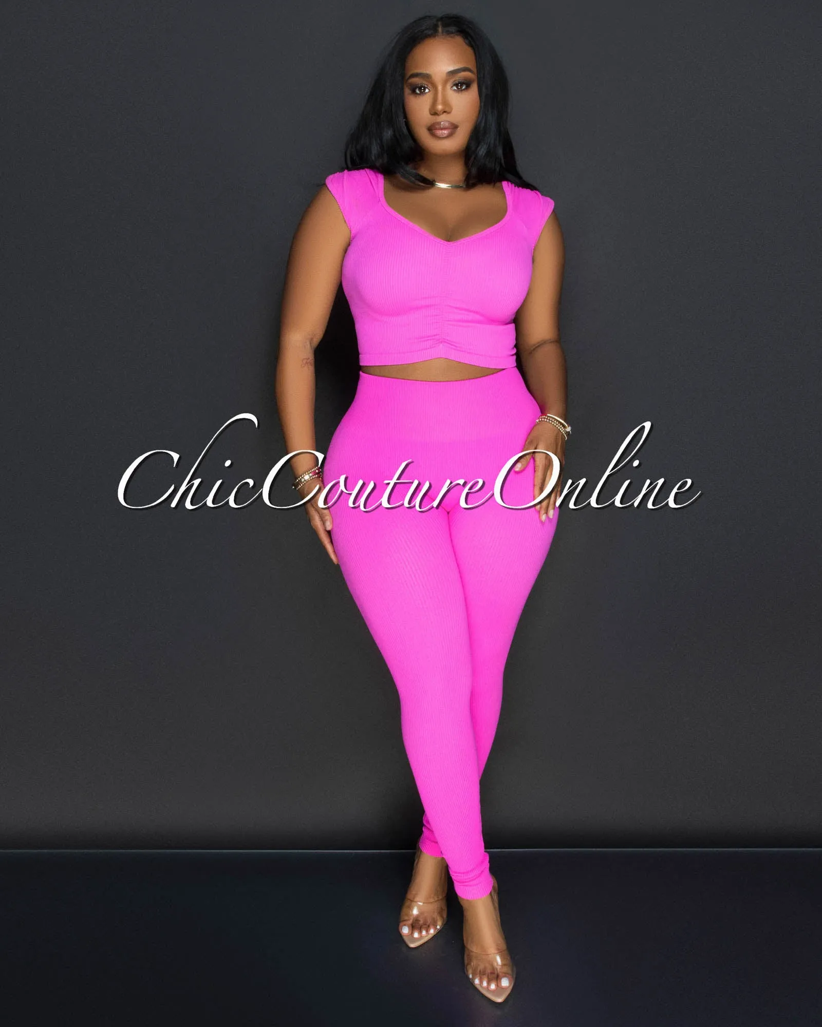 Benice Fuchsia Crop Top & Leggings Ribbed Sculpting Set sold by Chic Couture