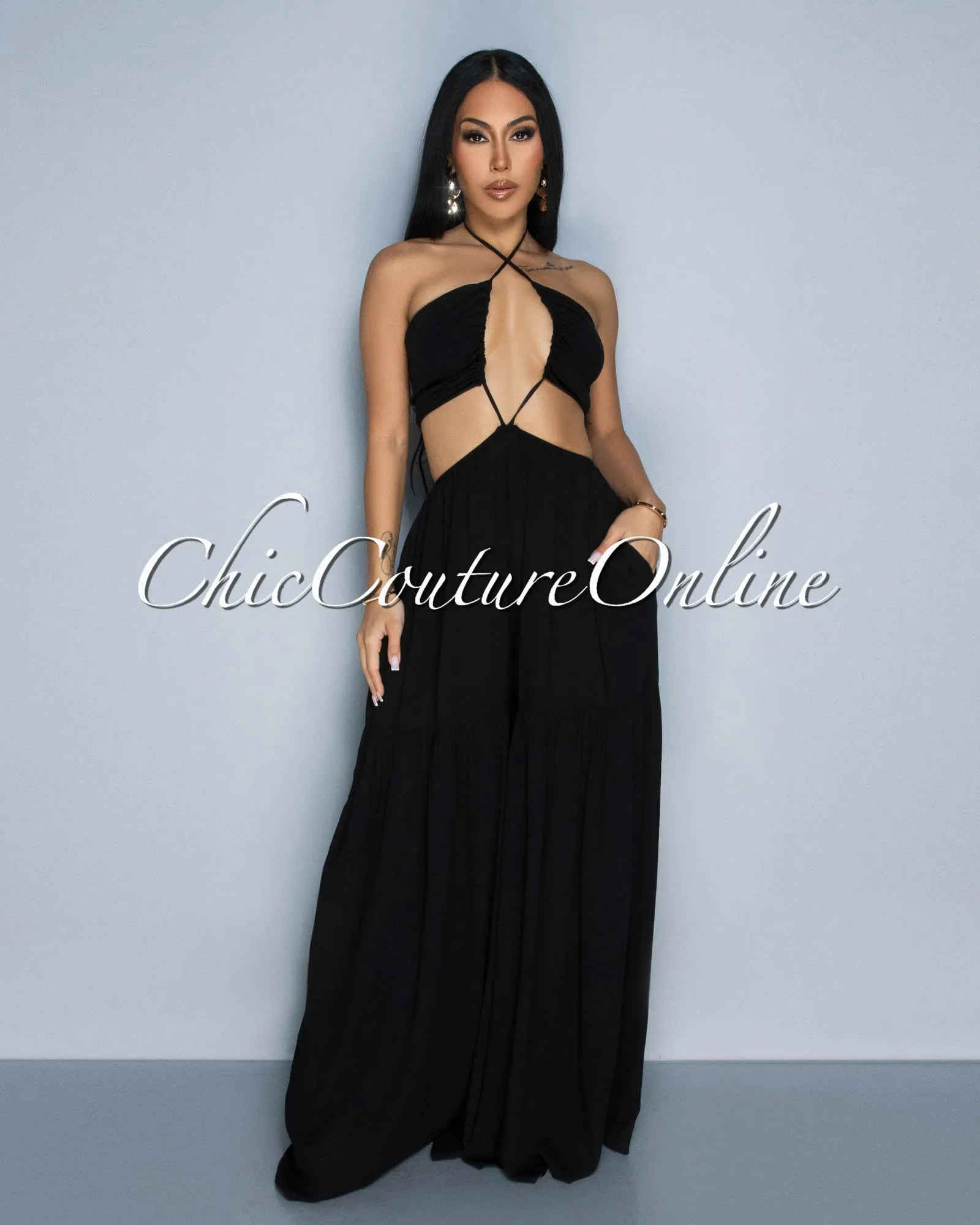 Olea Black Halter Cut-Out Widelegs Jumpsuit sold by Chic Couture product image thumbnail 2