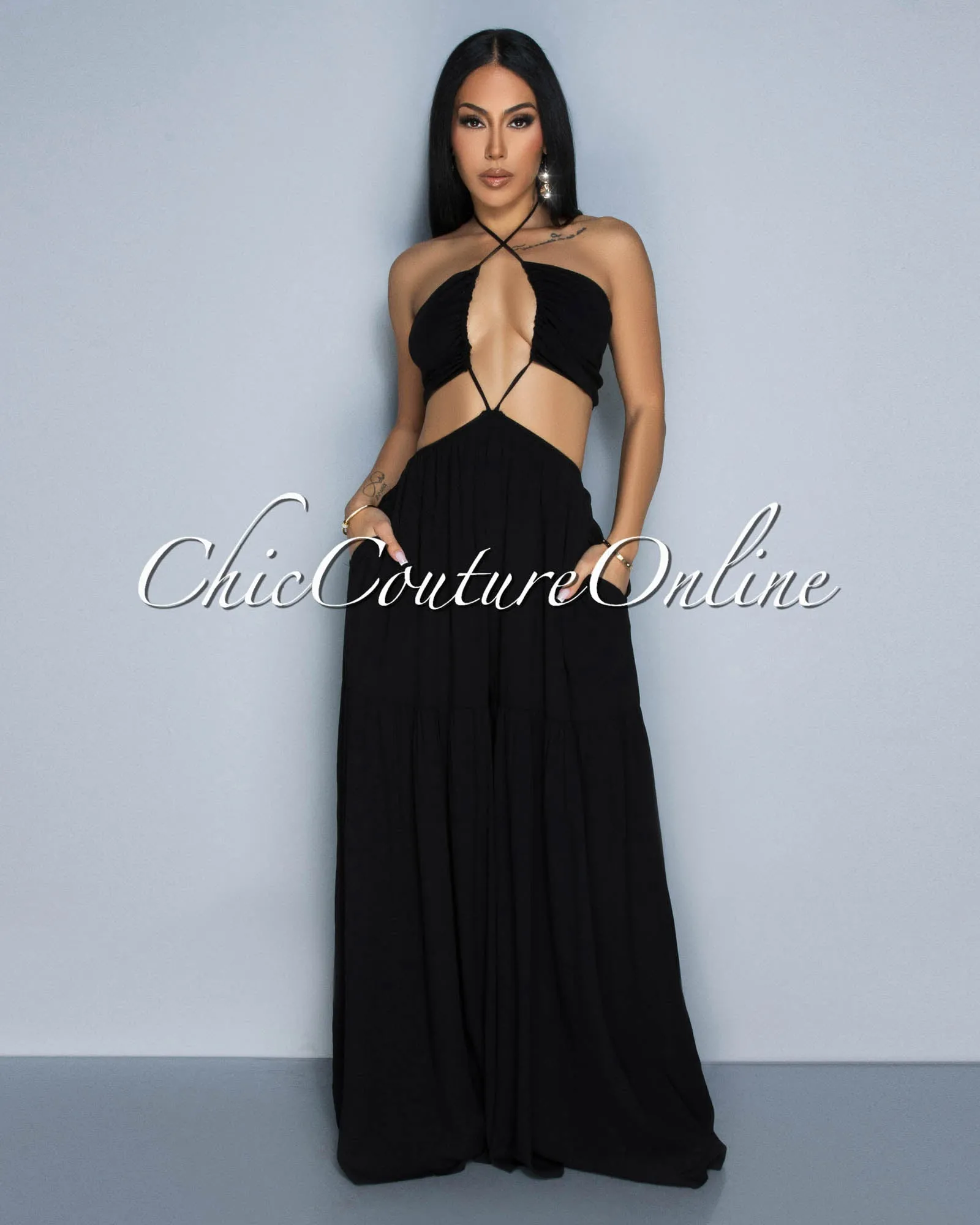Olea Black Halter Cut-Out Widelegs Jumpsuit sold by Chic Couture