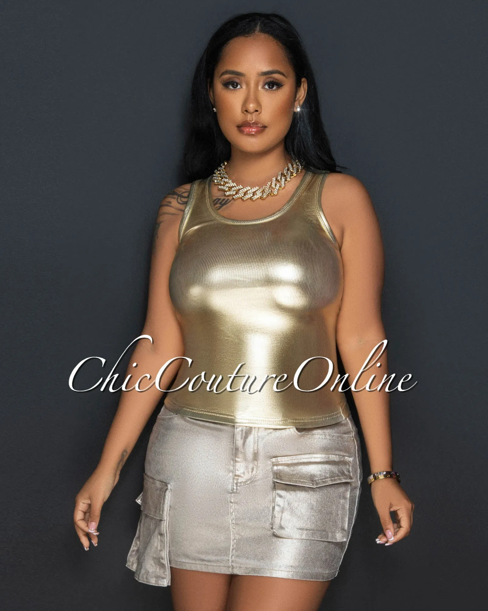 Salvador Gold Foil Ribbed Tank Top sold by Chic Couture