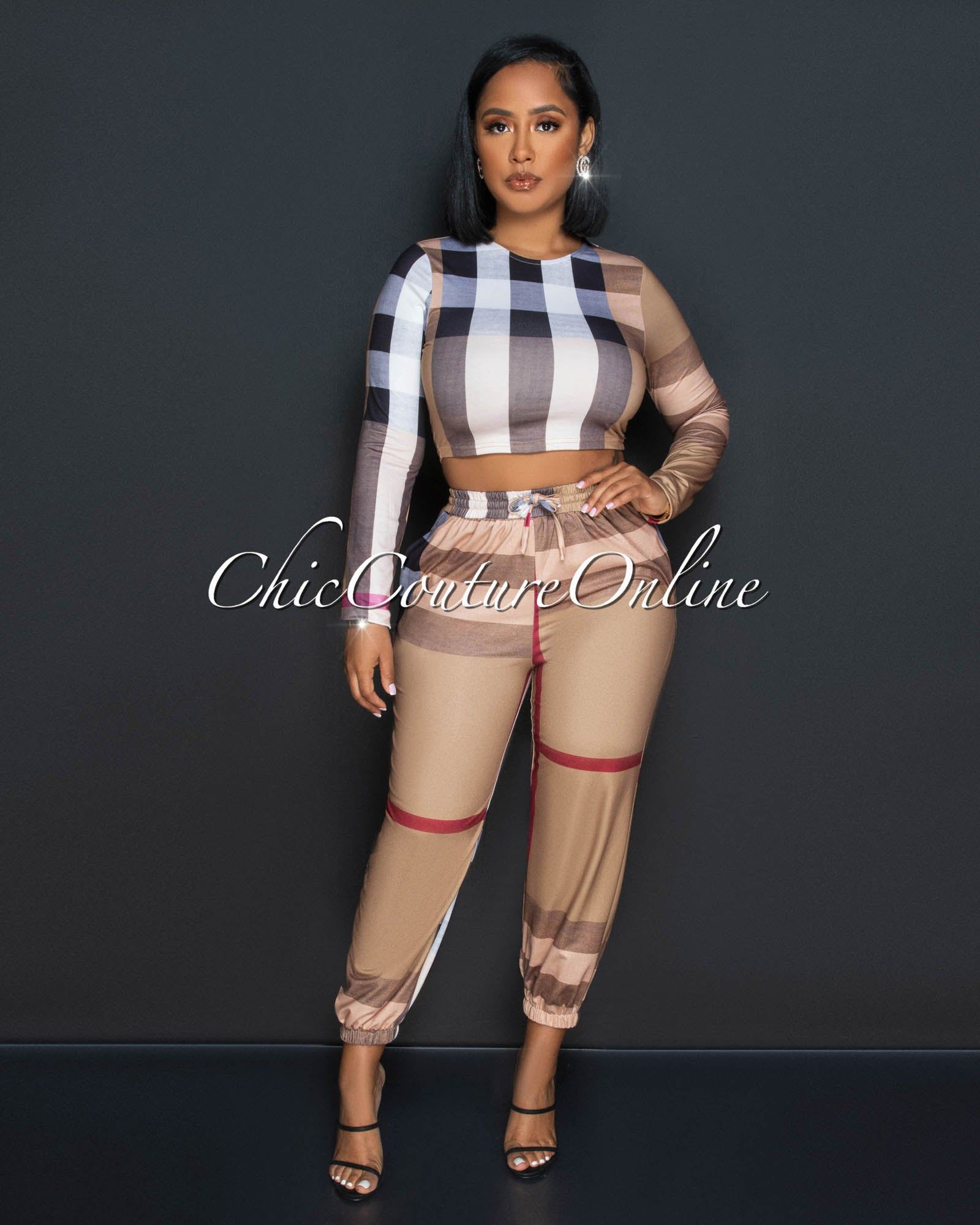 Lownie Camel Plaid Crop Top & Jogger Set sold by Chic Couture product image thumbnail 2