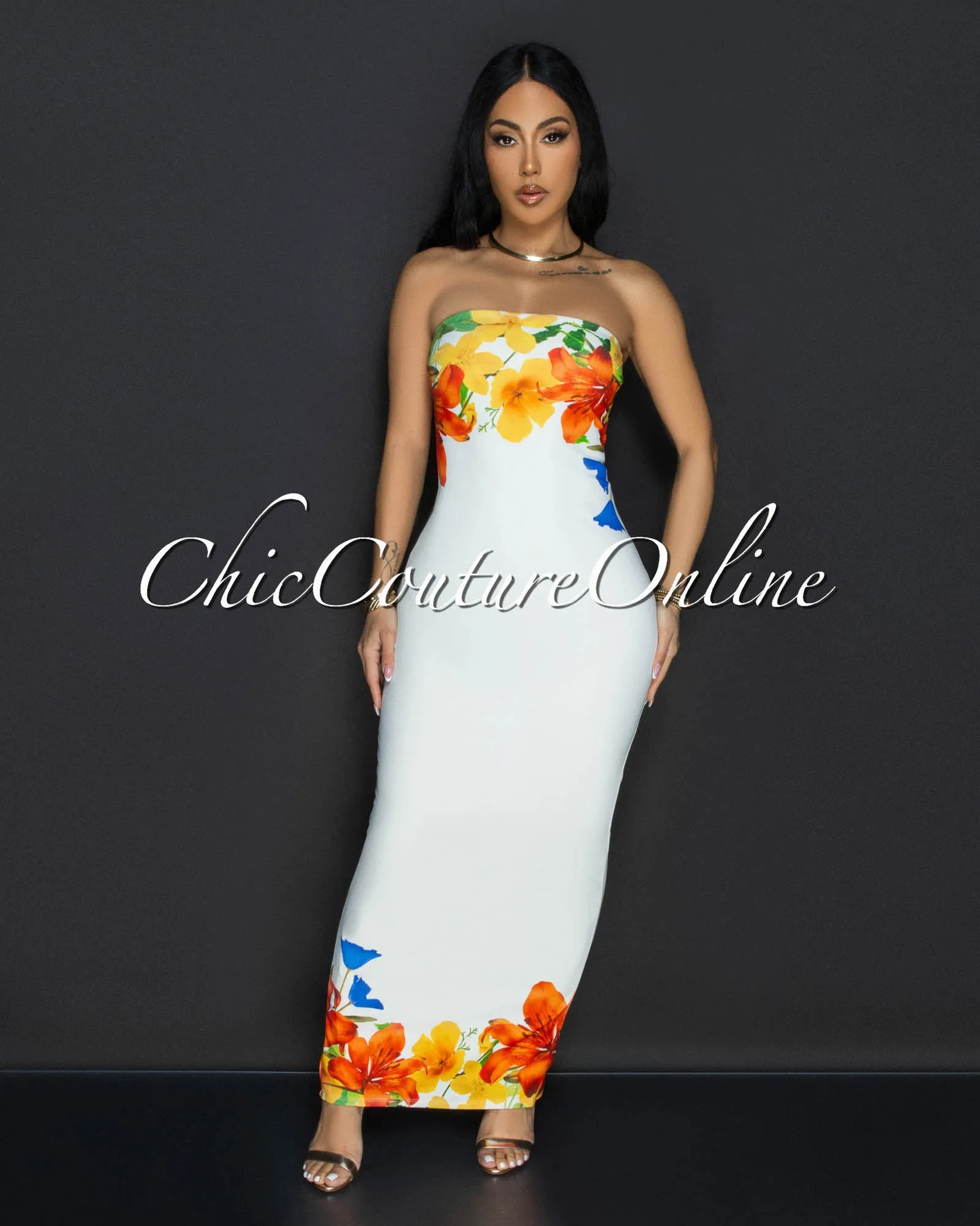 Iami Cream Floral Strapless Maxi Dress sold by Chic Couture product image thumbnail 2